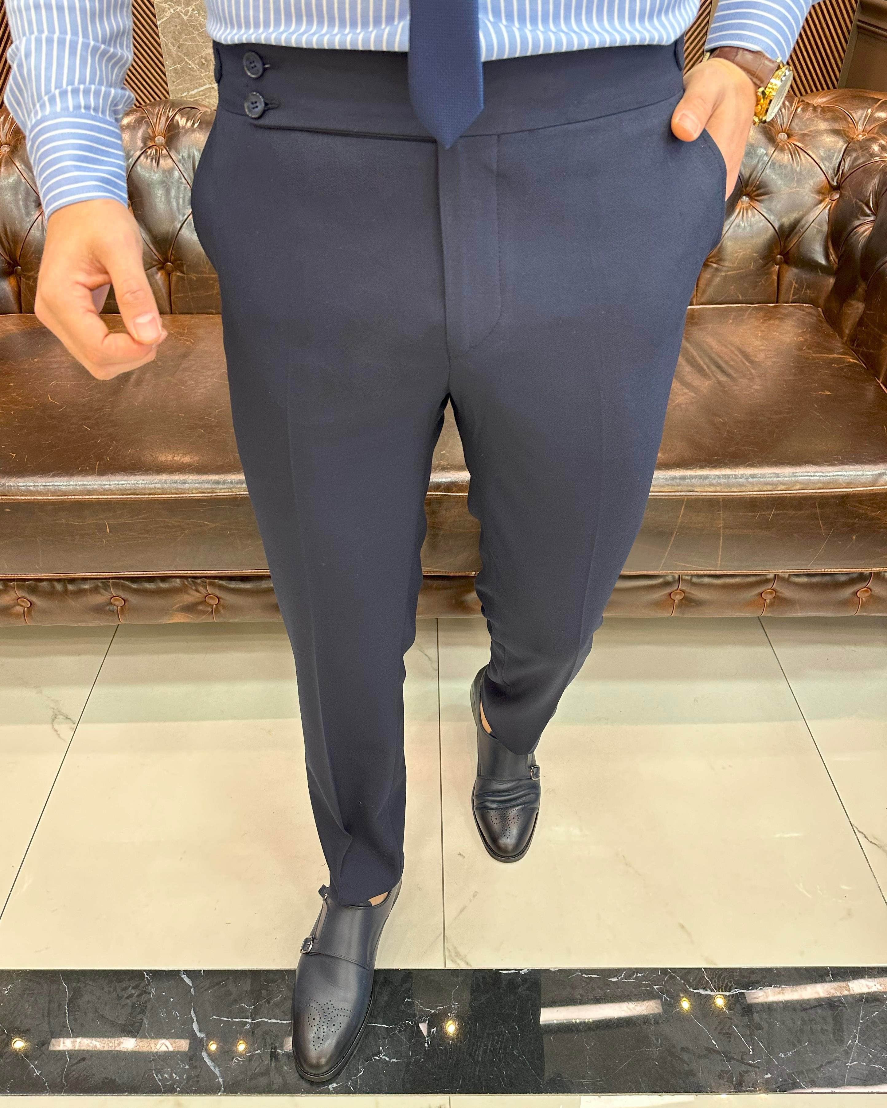 İtalyan stil slim fit bel detaylı erkek pantolon lacivert T11436