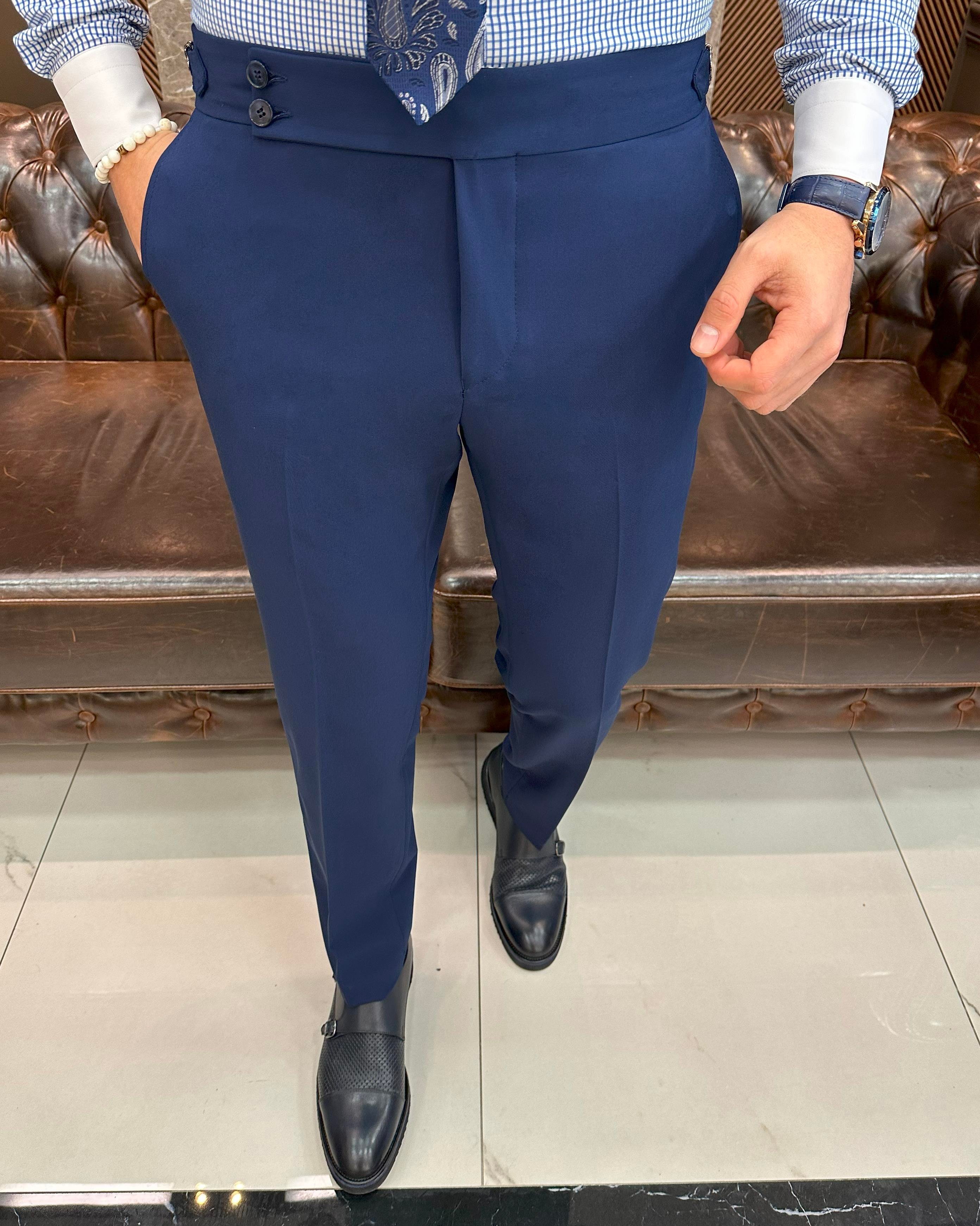 İtalyan stil slim fit bel detaylı erkek pantolon lacivert T11428