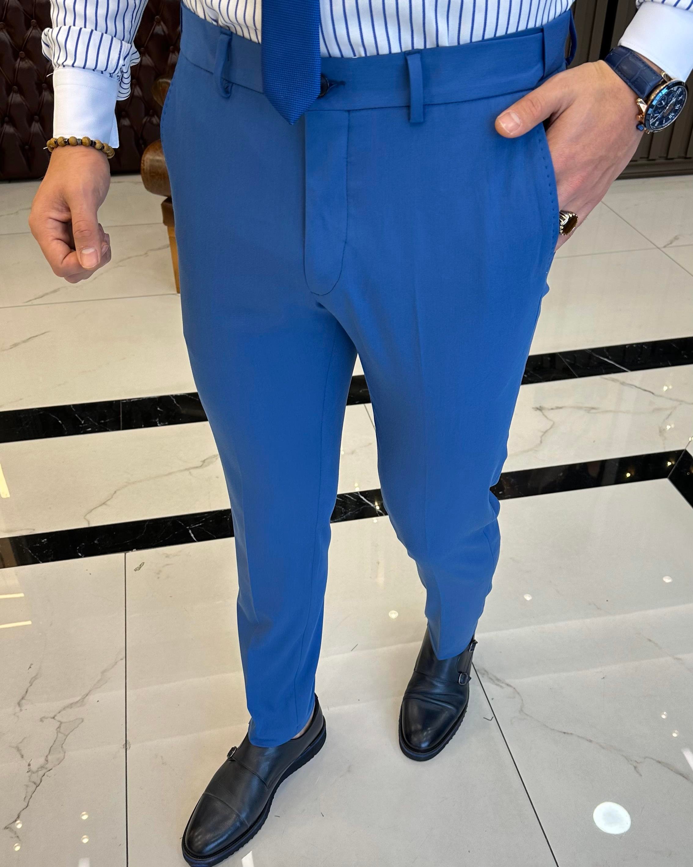 İtalyan stil slim fit bel detaylı erkek pantolon mavi T11338