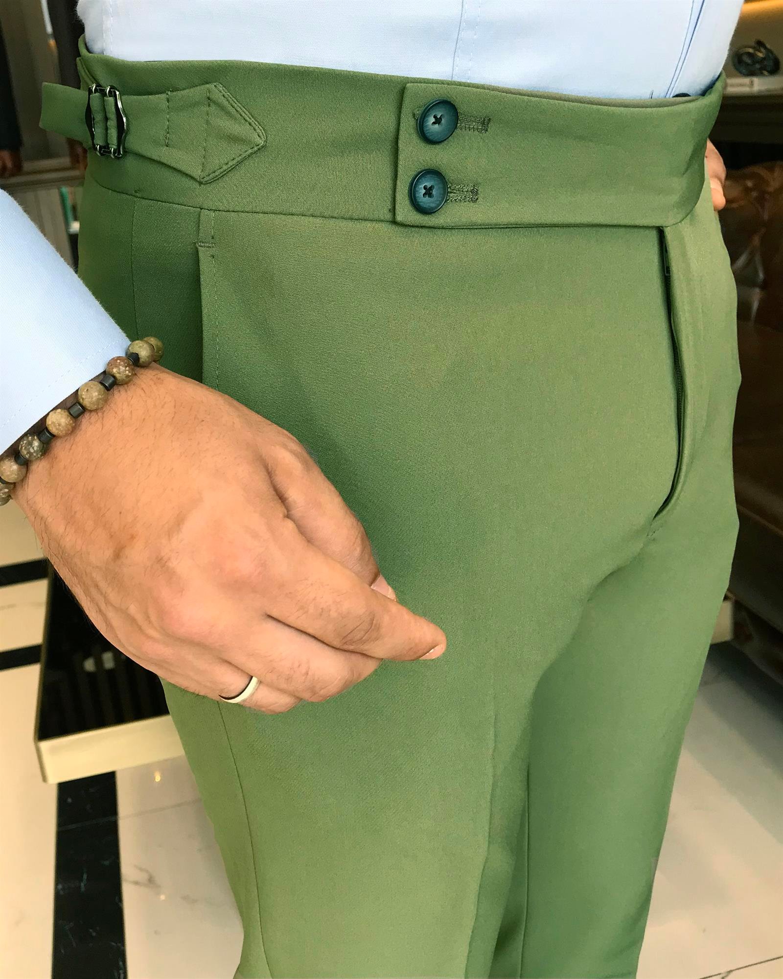 İtalyan stil slim fit bel detaylı erkek pantolon yeşil T9769