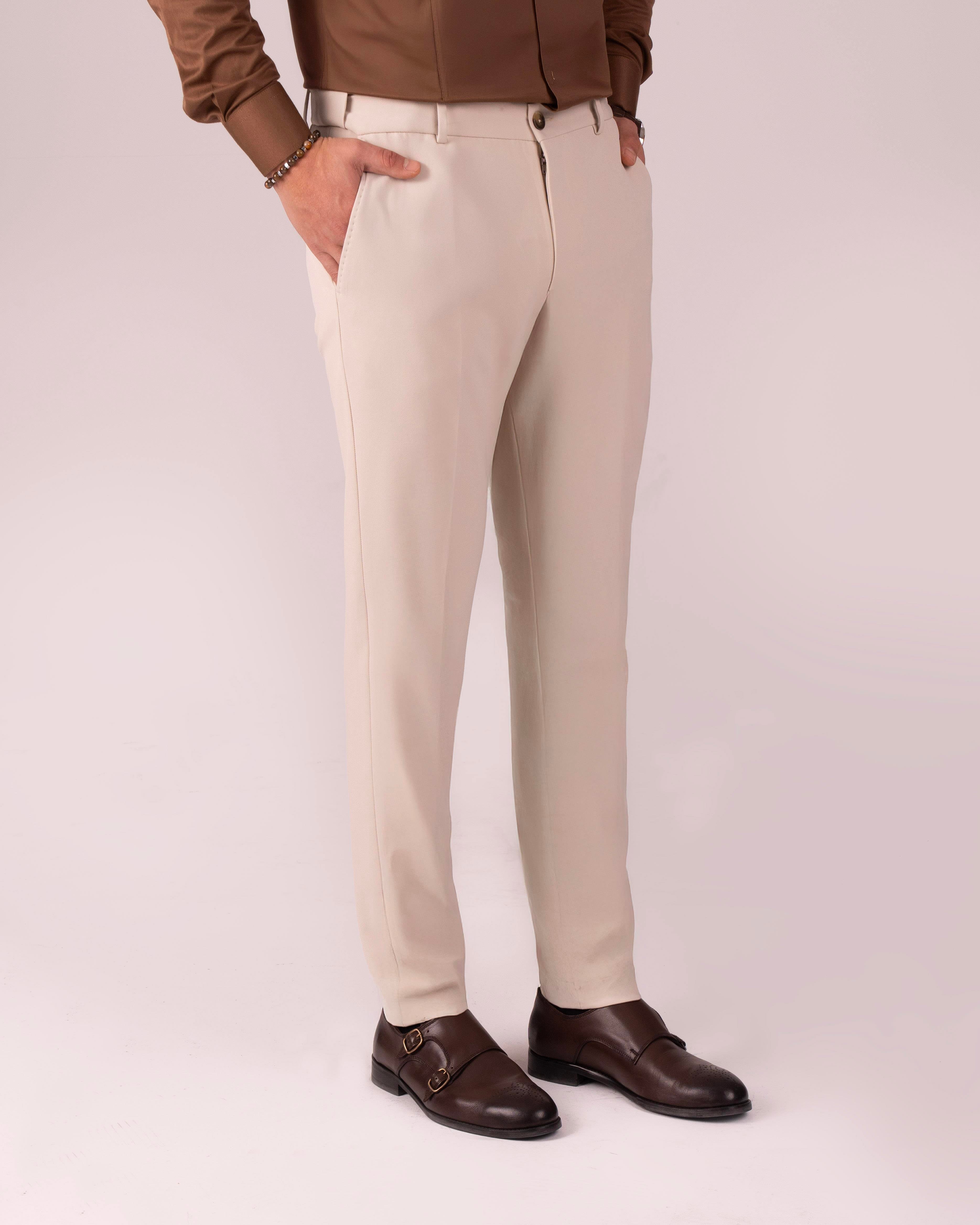 İtalyan stil slim fit bel detaylı erkek pantolon bej T13951