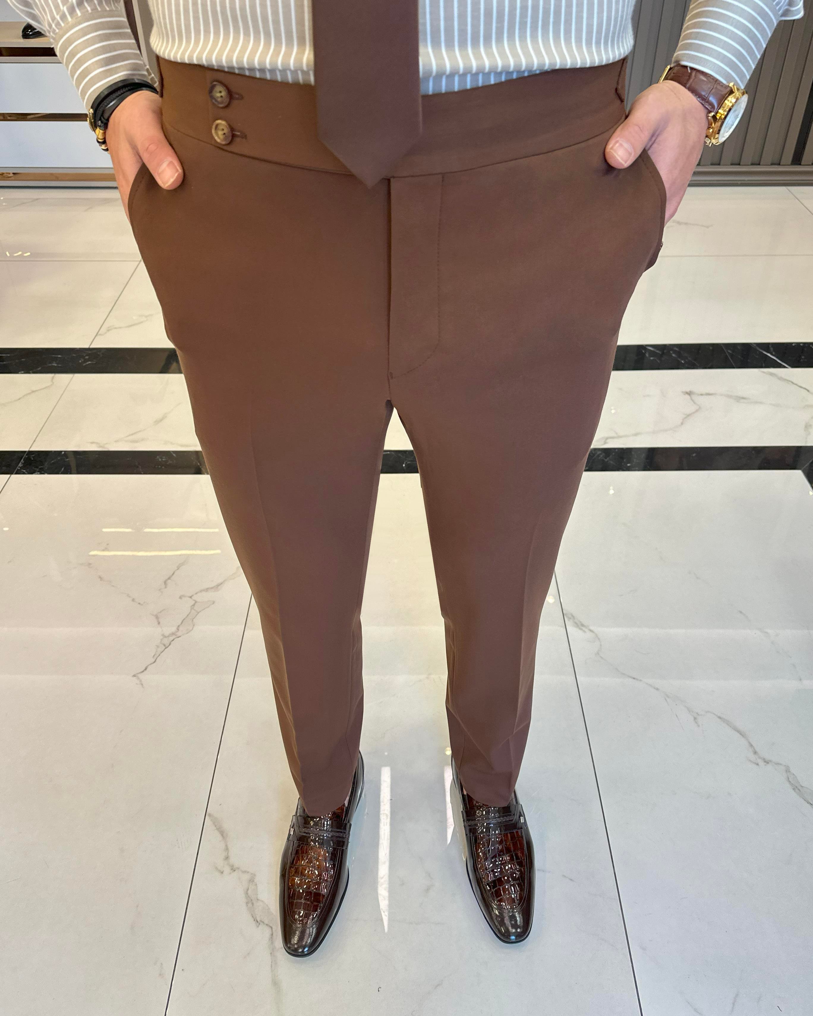 İtalyan stil slim fit bel detaylı erkek pantolon kahverengi T11426