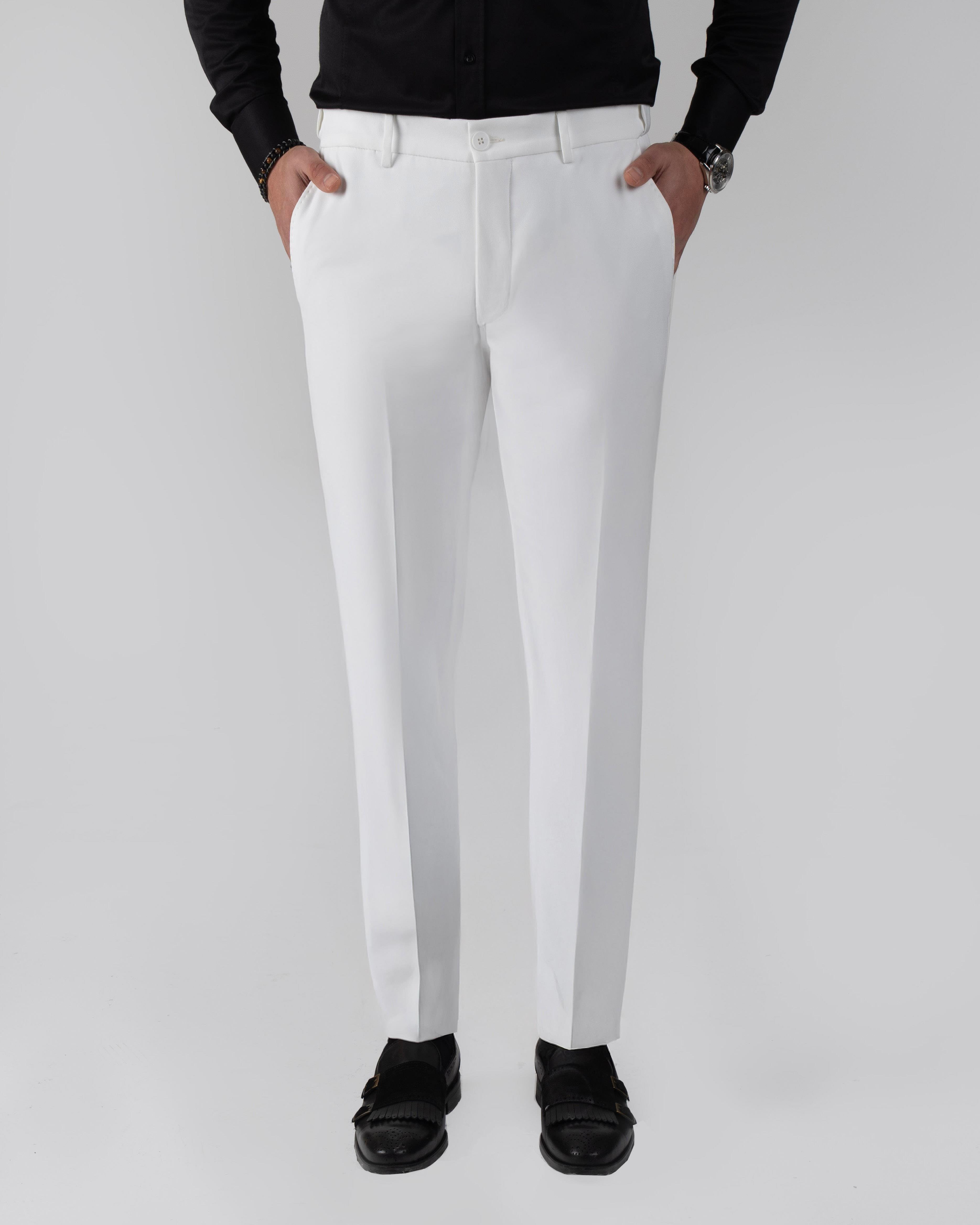 İtalyan stil slim fit bel detaylı erkek pantolon beyaz T13954