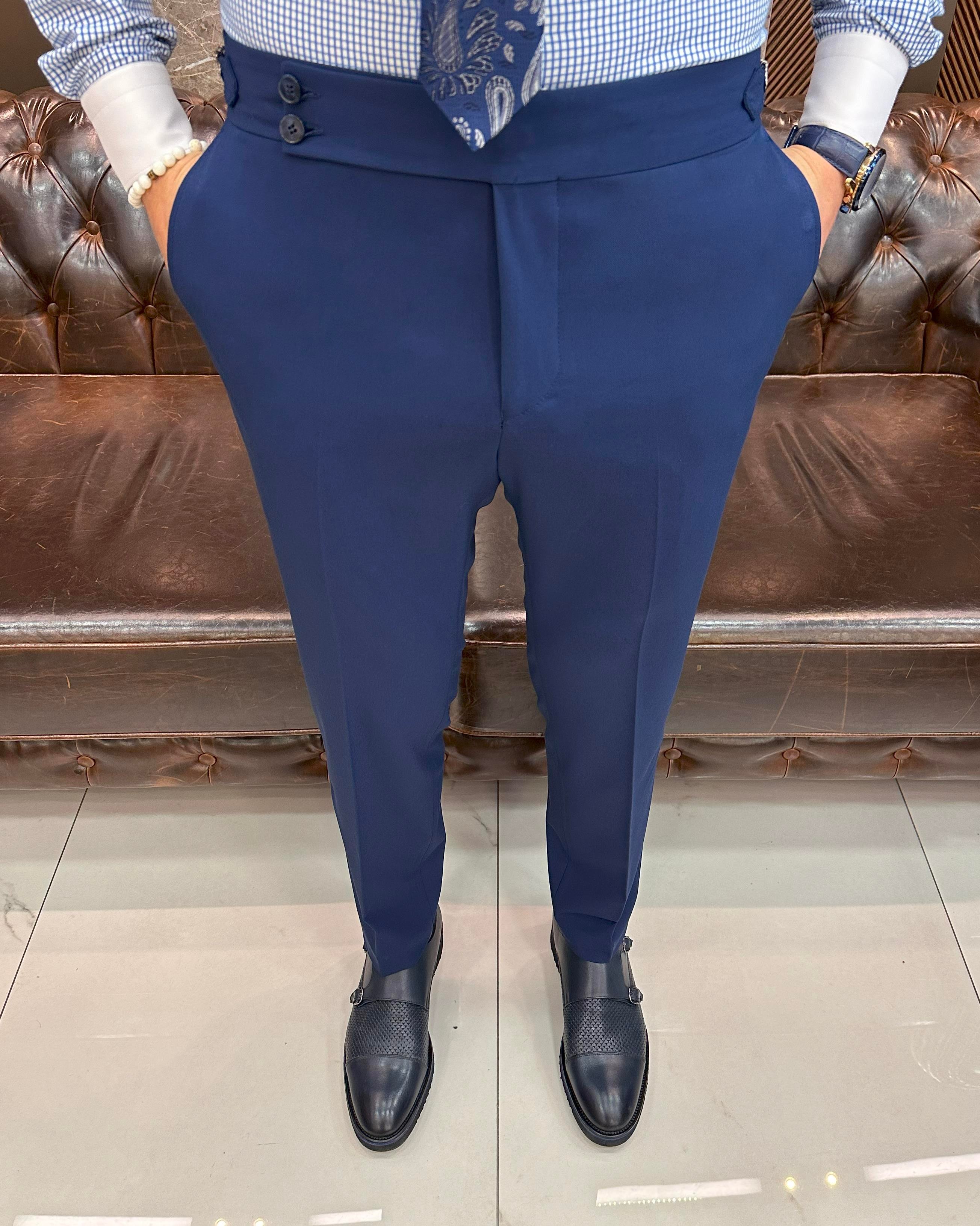 İtalyan stil slim fit bel detaylı erkek pantolon lacivert T11428
