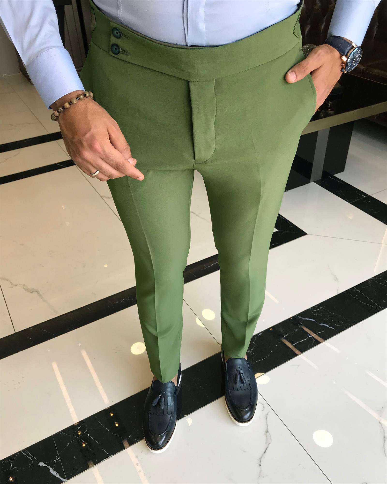 İtalyan stil slim fit bel detaylı erkek pantolon yeşil T9769