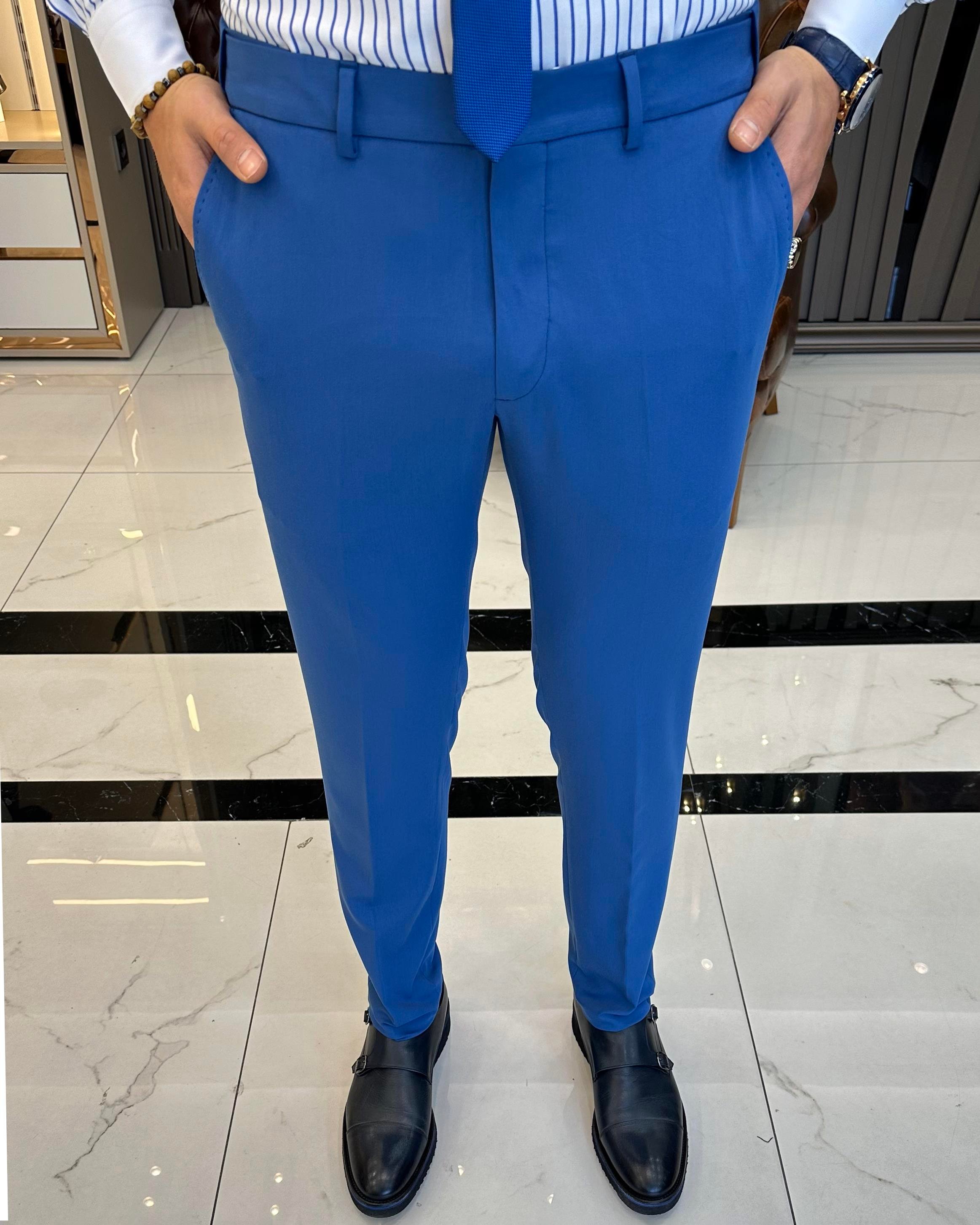 İtalyan stil slim fit bel detaylı erkek pantolon mavi T11338