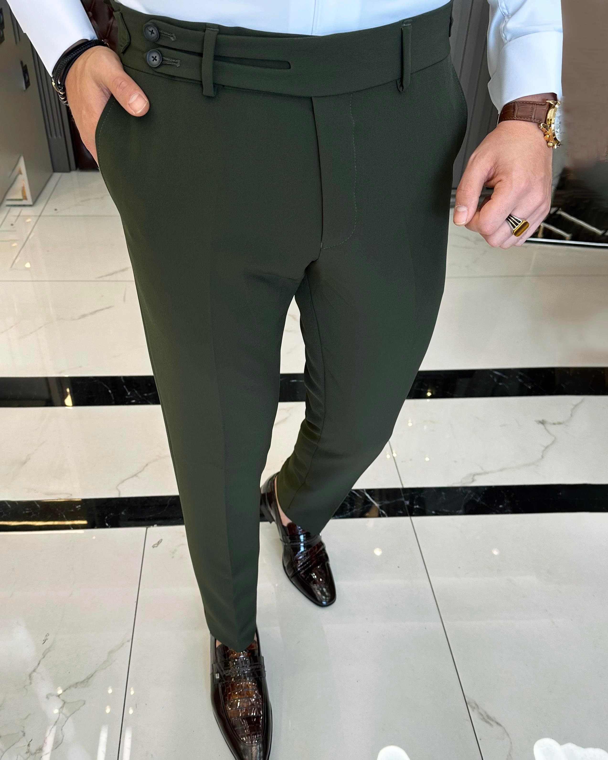 İtalyan stil slim fit bel detaylı erkek pantolon Yeşil T9938