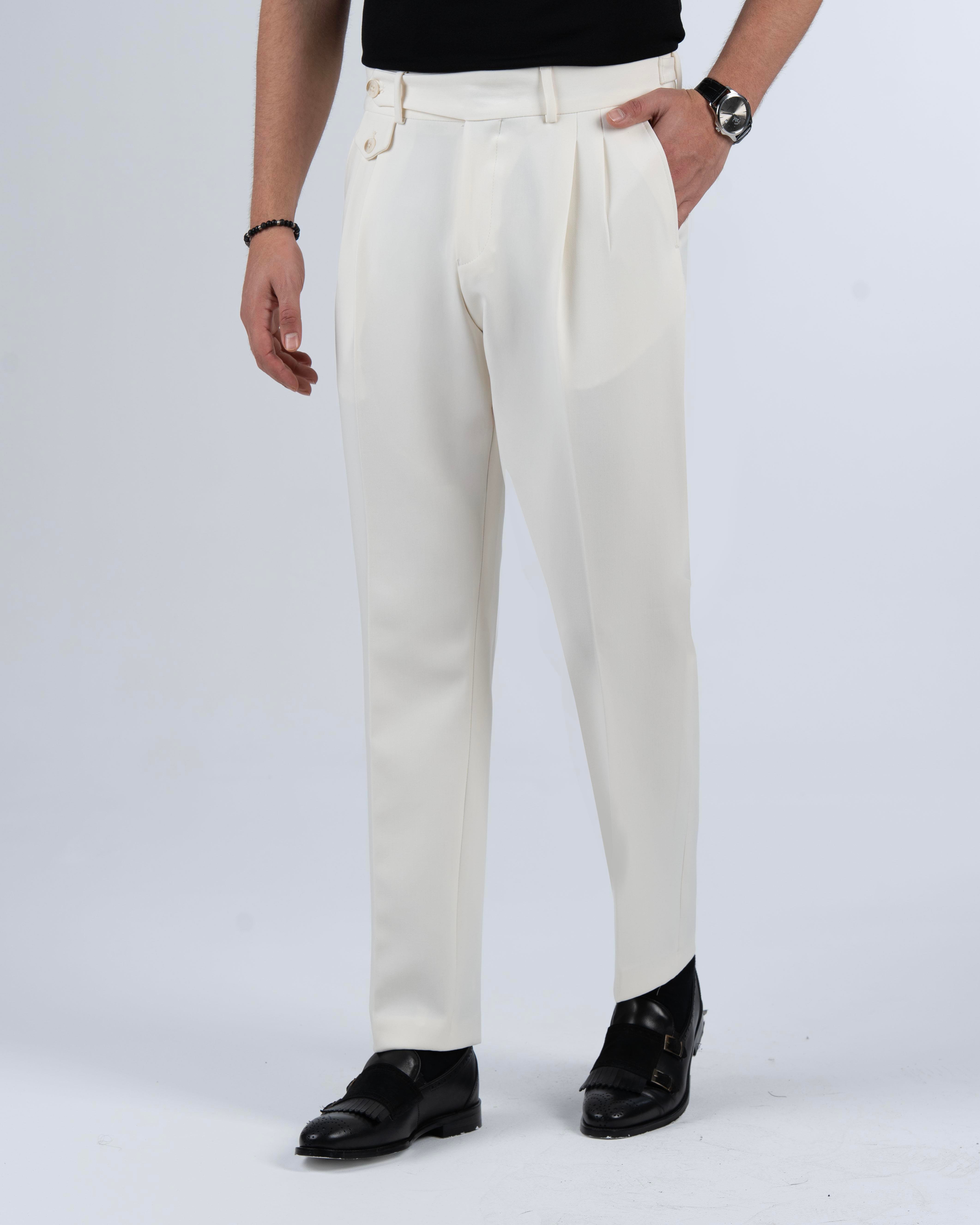 İtalyan stil slim fit bel detaylı erkek pantolon ekru T14137