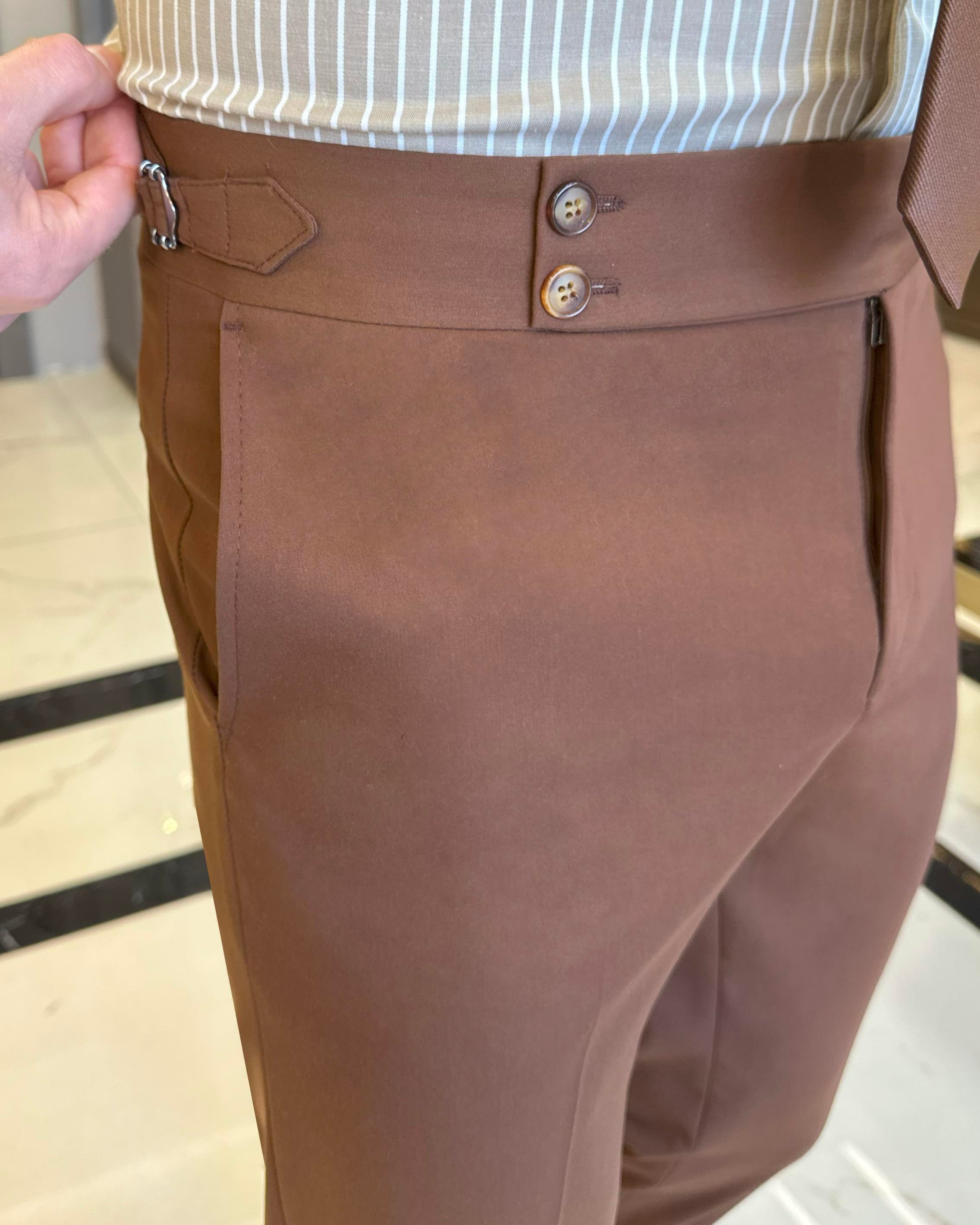 İtalyan stil slim fit bel detaylı erkek pantolon kahverengi T11426