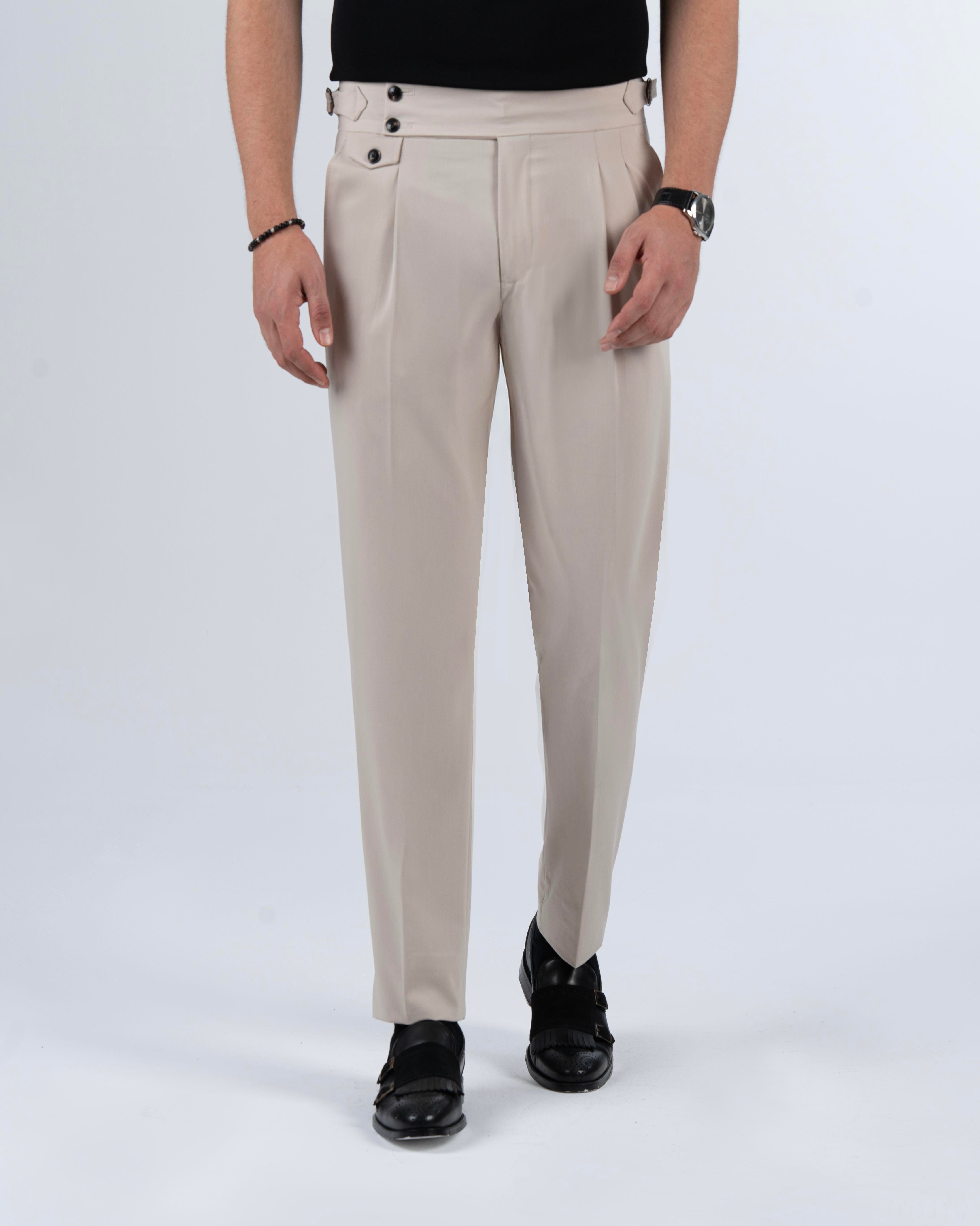 İtalyan stil slim fit bel detaylı erkek pantalon bej T13706