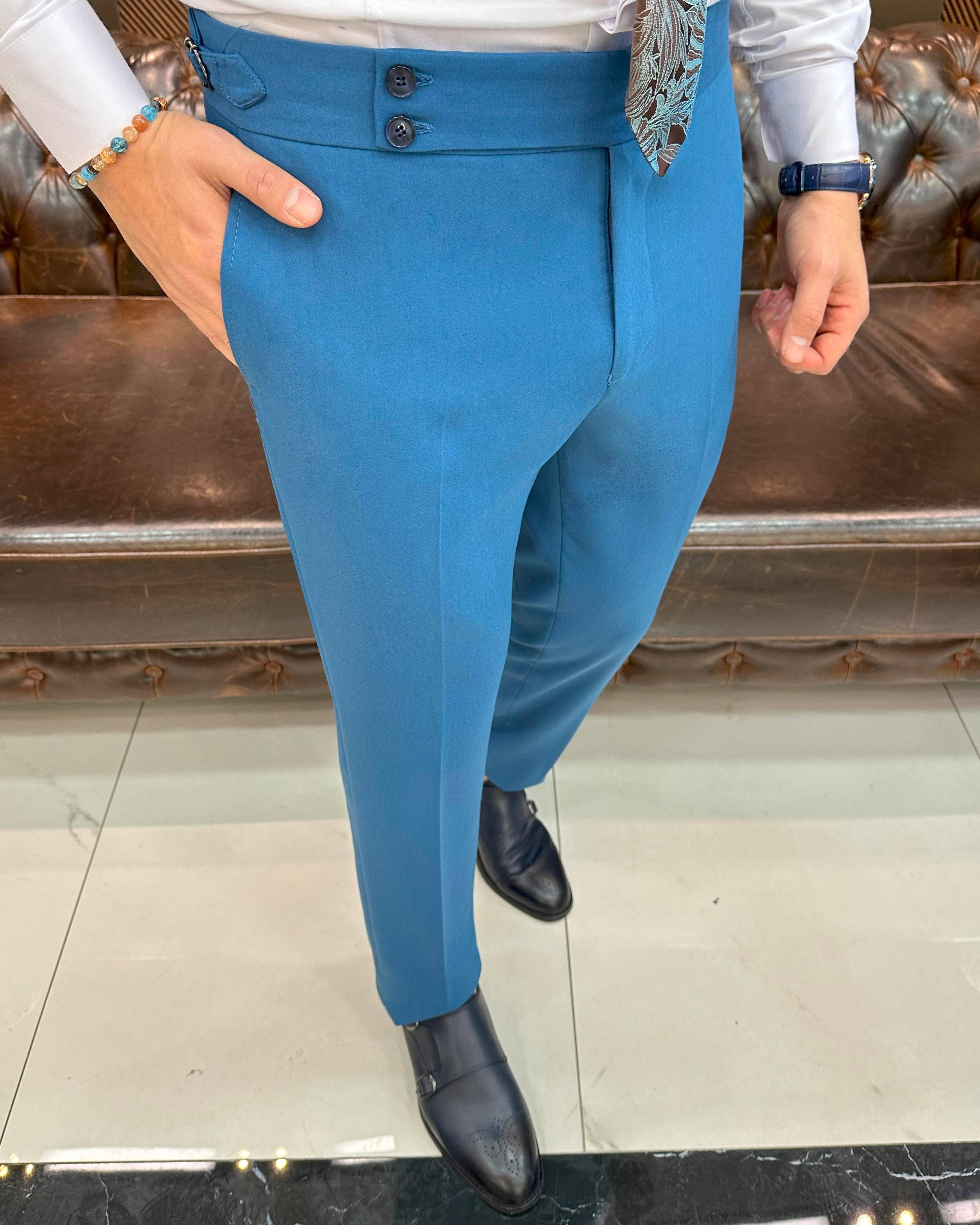 İtalyan stil slim fit bel detaylı erkek pantolon mavi T11427