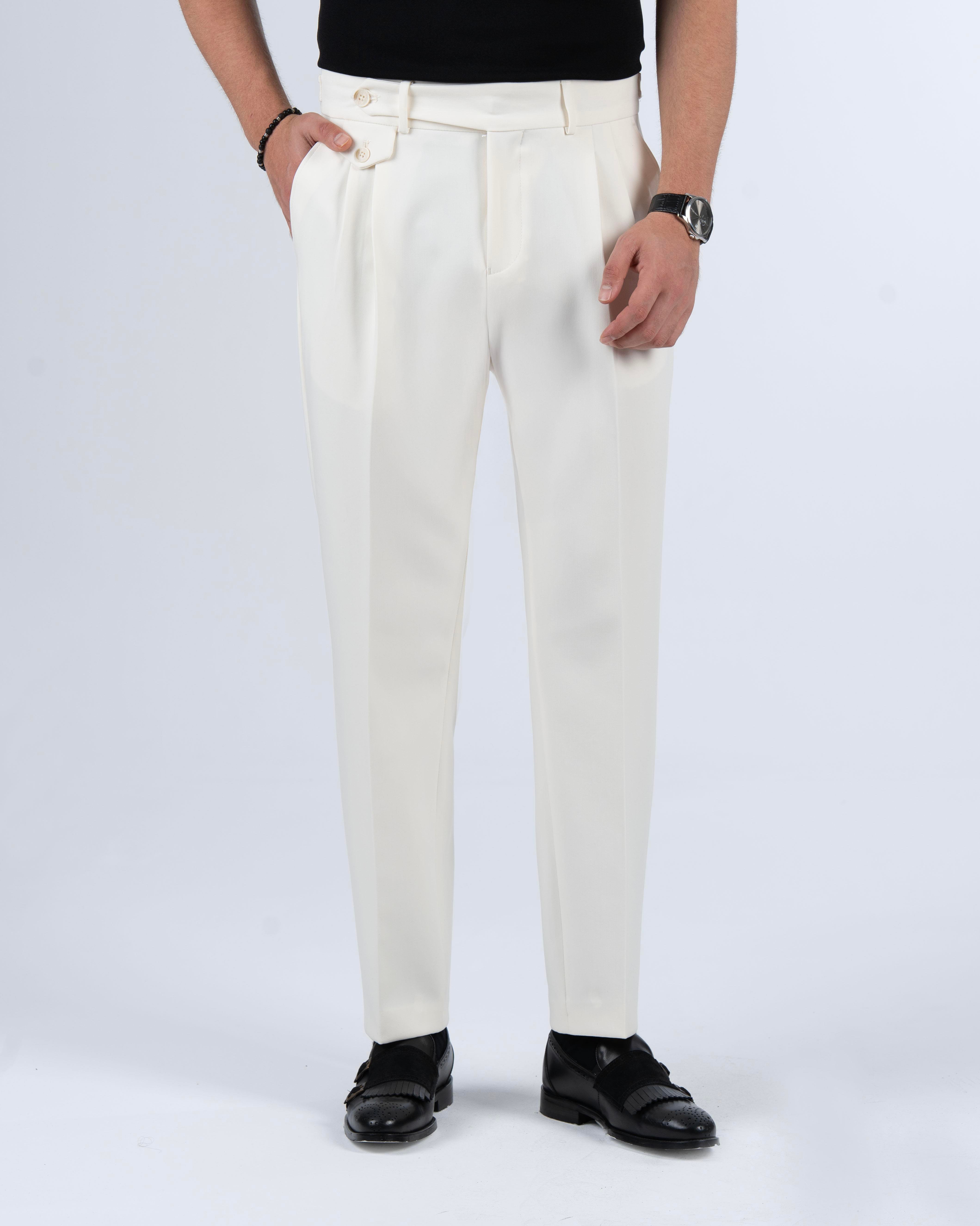 İtalyan stil slim fit bel detaylı erkek pantolon ekru T14137