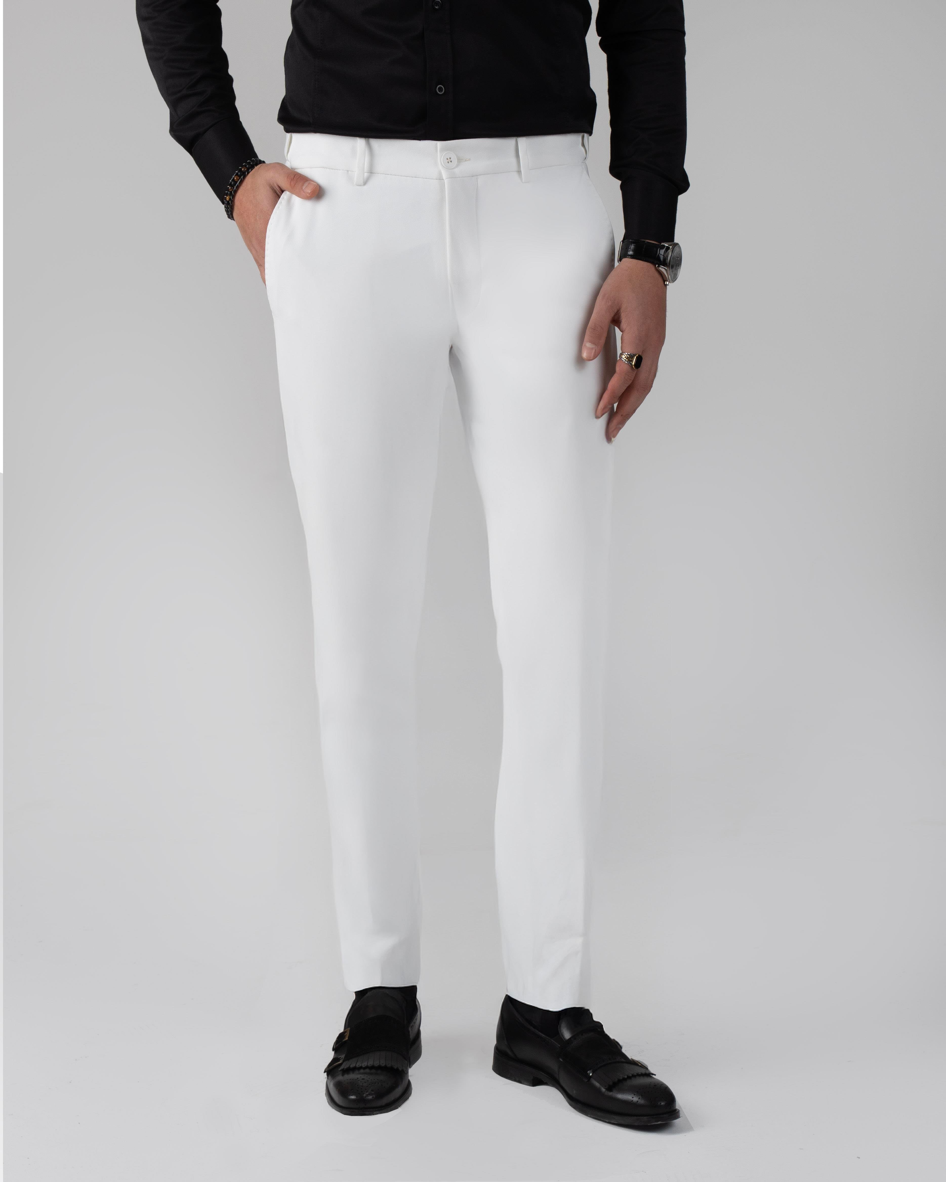 İtalyan stil slim fit bel detaylı erkek pantolon beyaz T13954