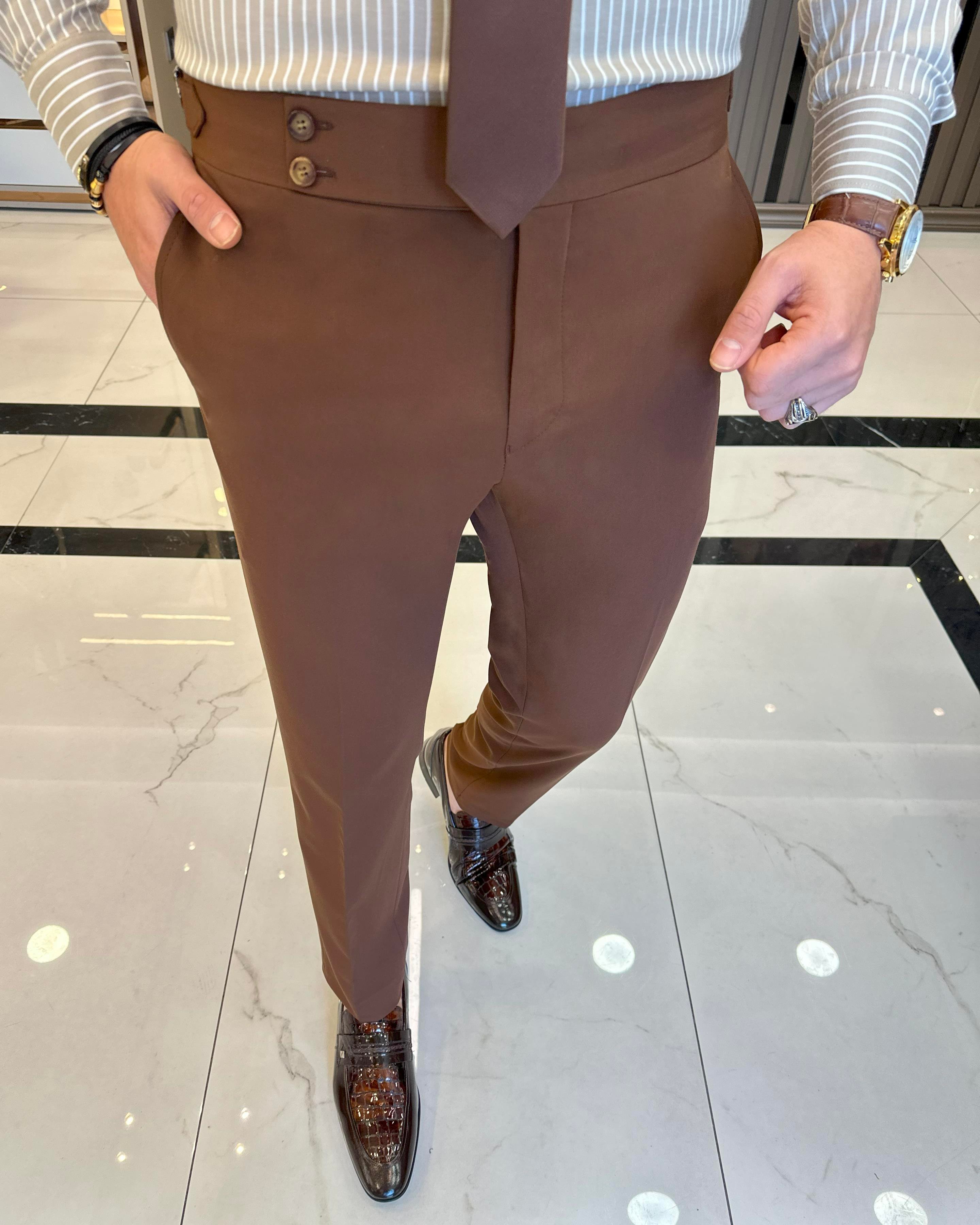 İtalyan stil slim fit bel detaylı erkek pantolon kahverengi T11426