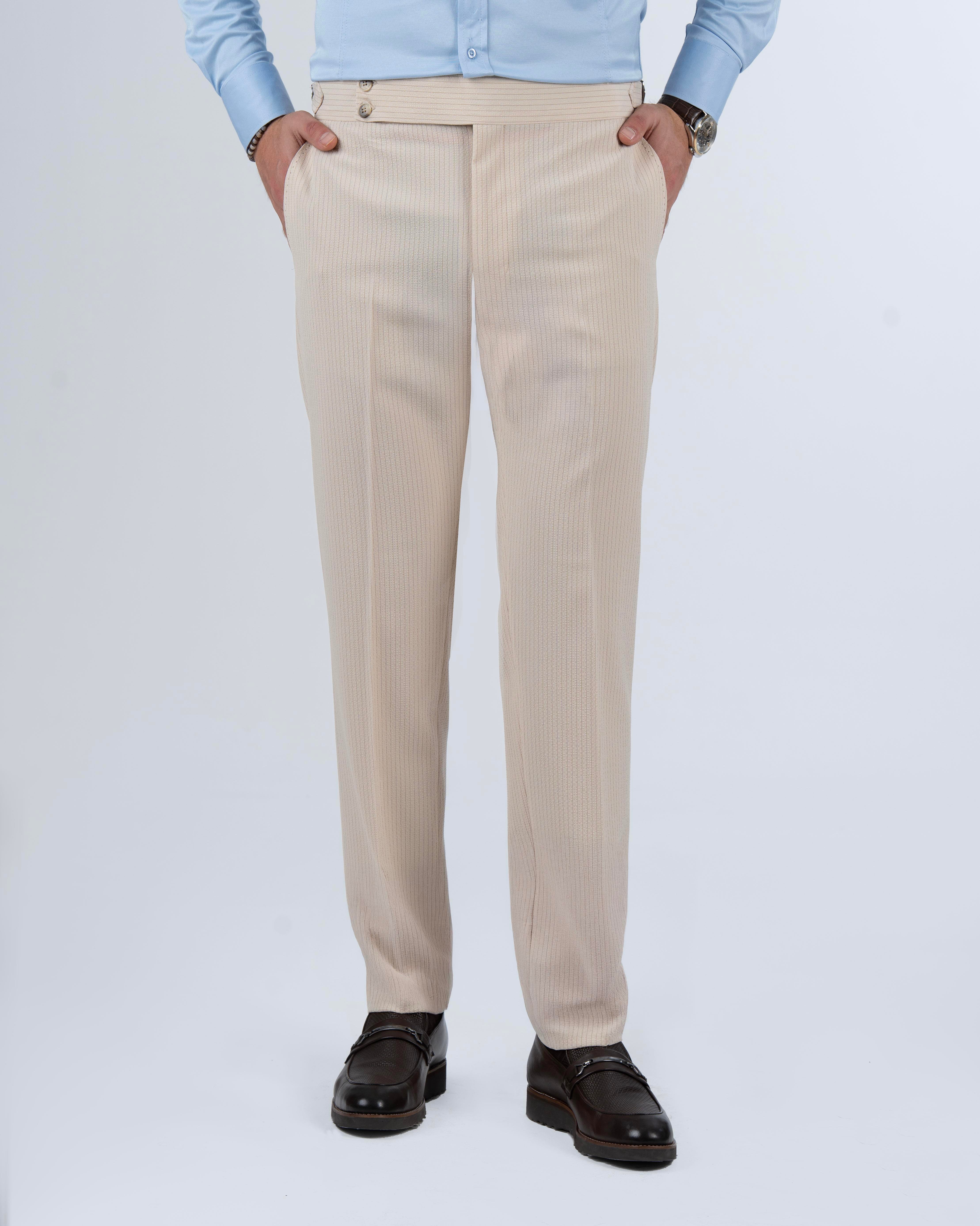 İtalyan stil slim fit bel detaylı gofre kumaş erkek pantolon bej T13956