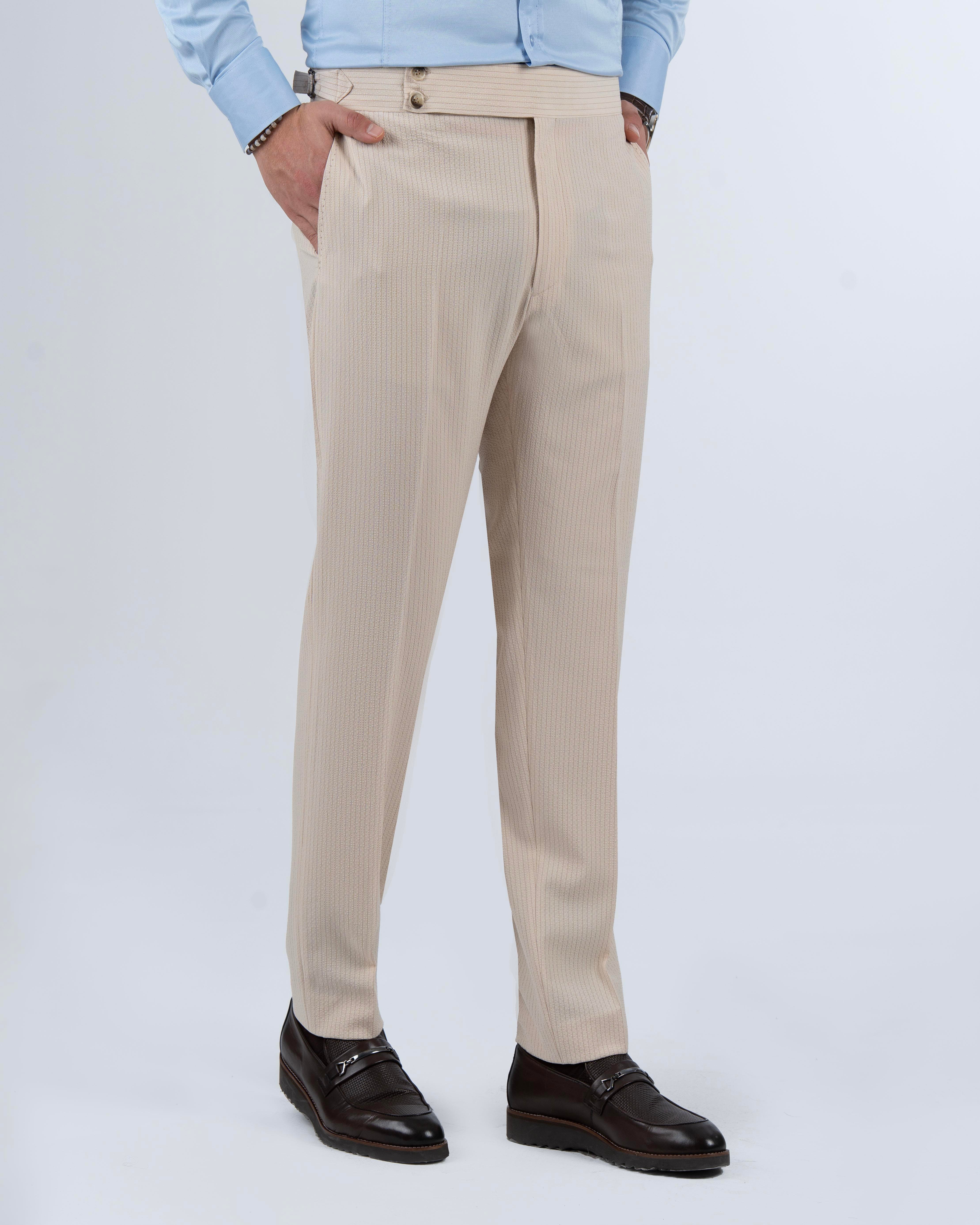İtalyan stil slim fit bel detaylı gofre kumaş erkek pantolon bej T13956