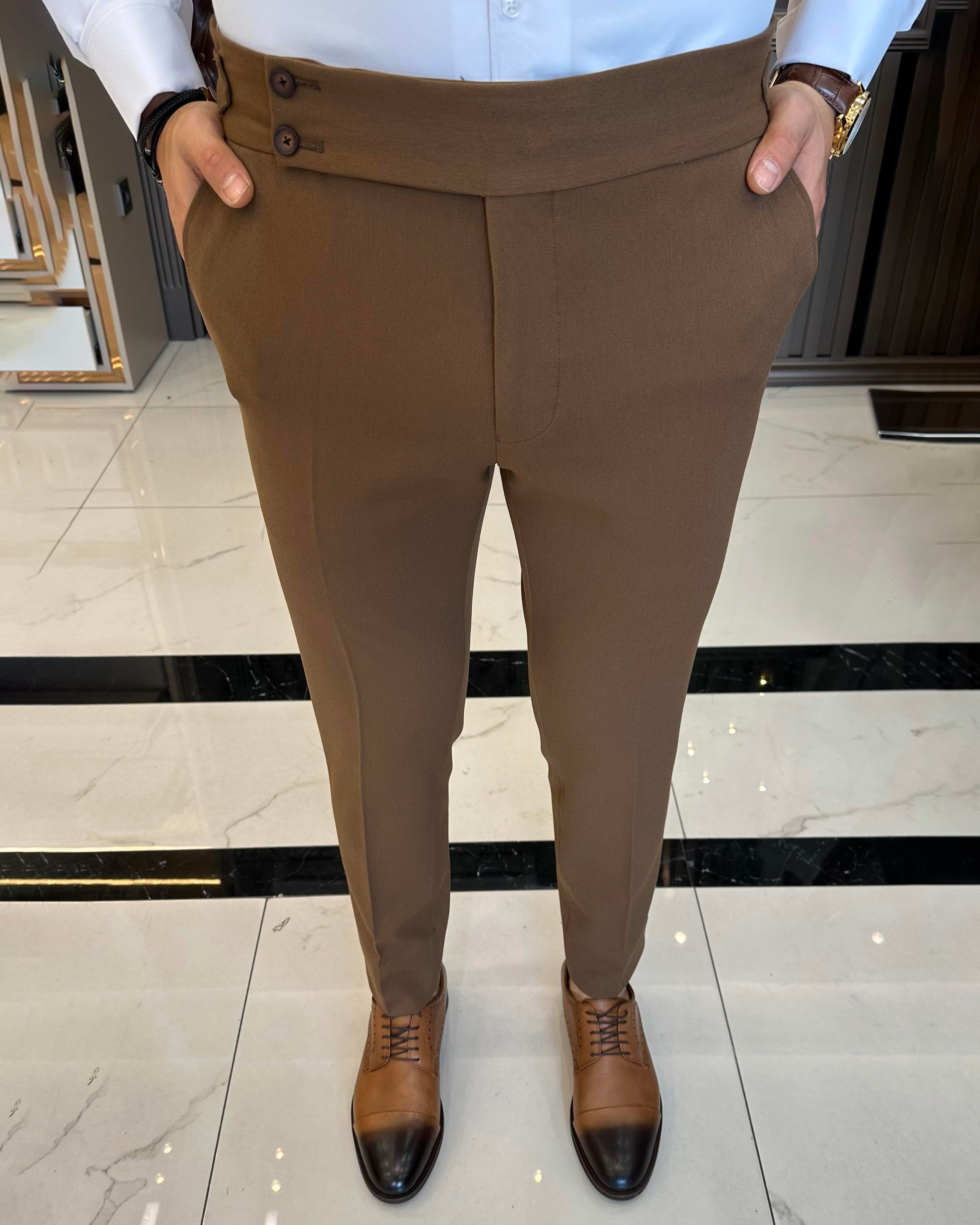 İtalyan stil slim fit bel detaylı kalın kumaş erkek pantolon kahverengi T9894