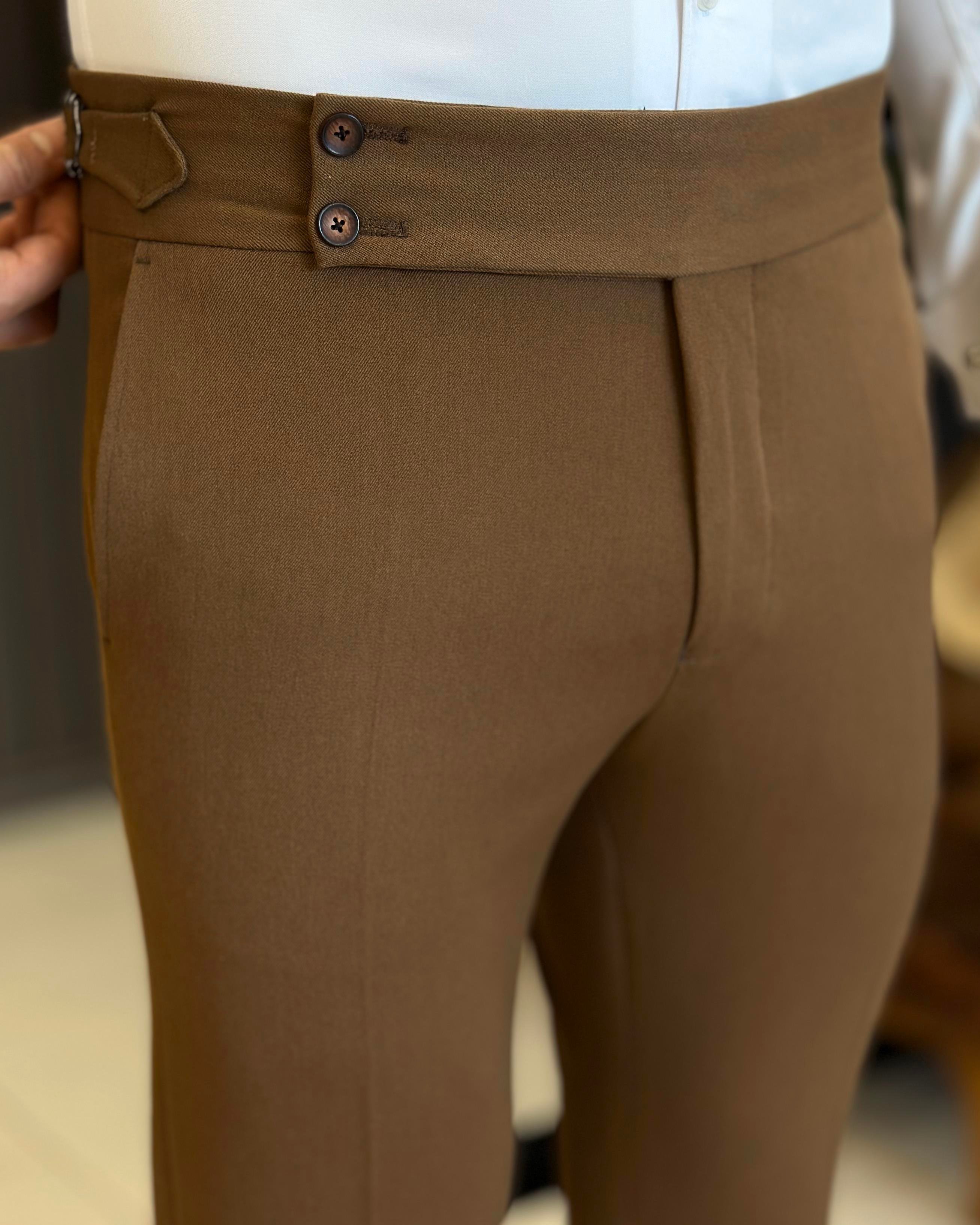 İtalyan stil slim fit bel detaylı kalın kumaş erkek pantolon kahverengi T9894