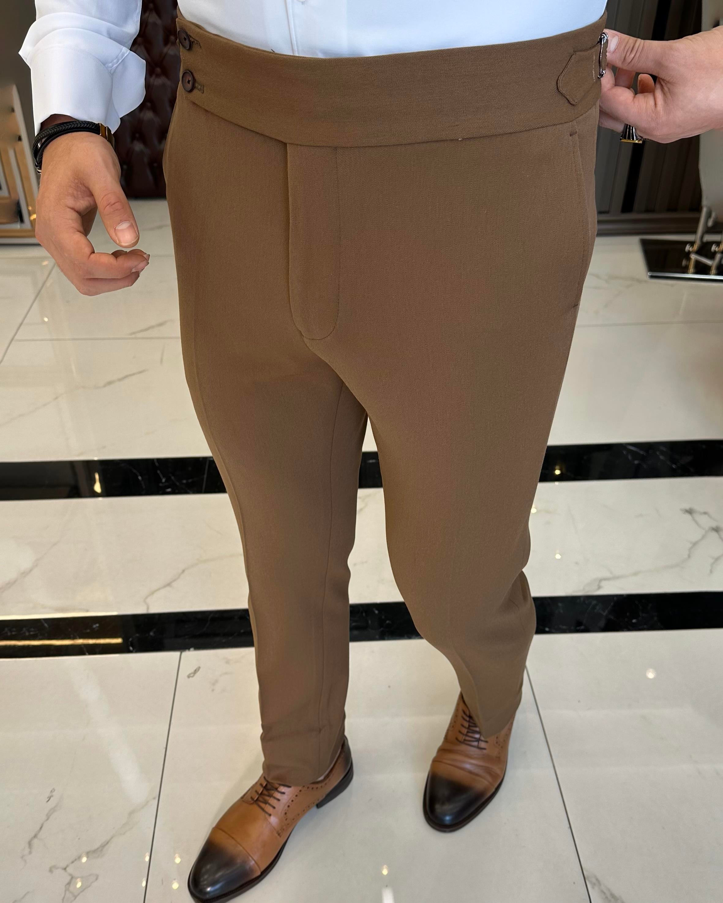 İtalyan stil slim fit bel detaylı kalın kumaş erkek pantolon kahverengi T9894