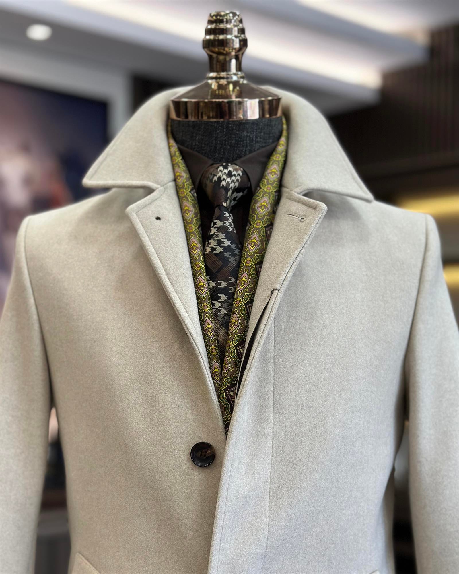 İtalyan stil slim fit bel kemerli yün erkek kaban bej T10047