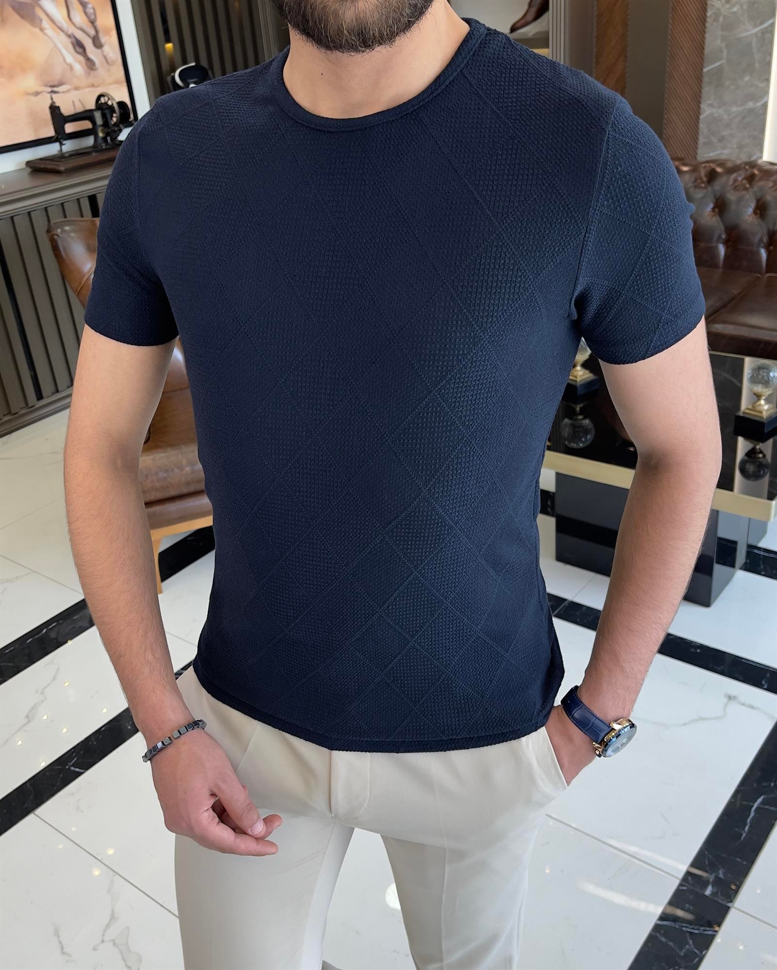 İtalyan stil slim fit bisiklet yaka baklava desenli pamuk tişört lacivert T9400