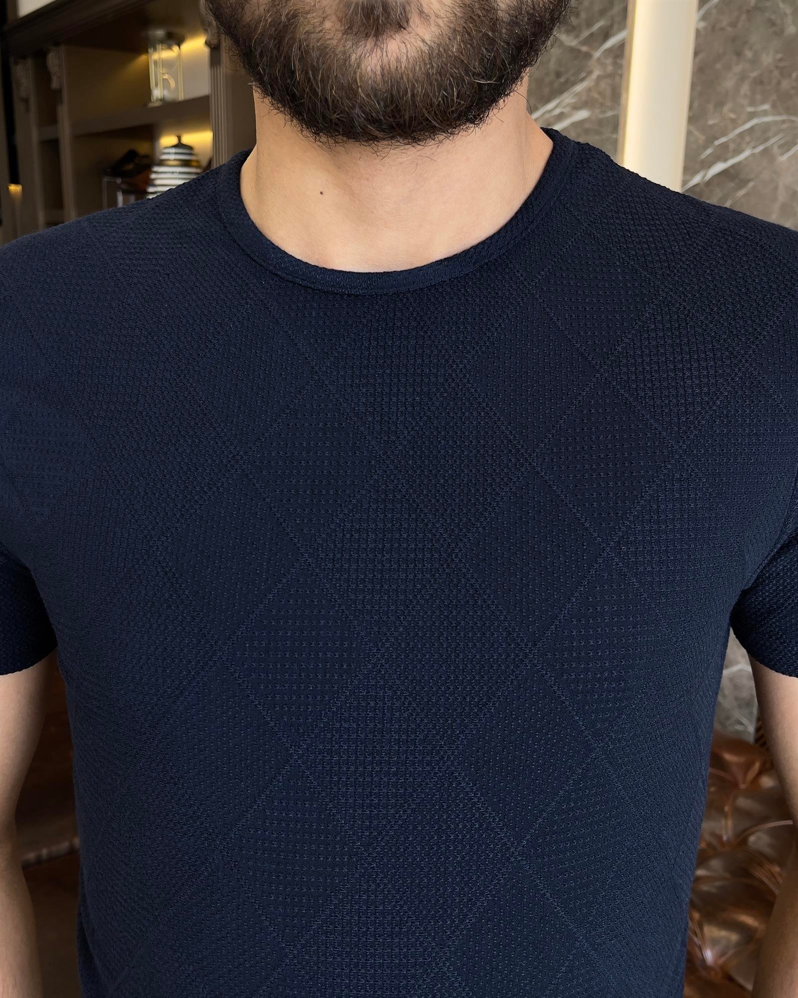 İtalyan stil slim fit bisiklet yaka baklava desenli pamuk tişört lacivert T9400