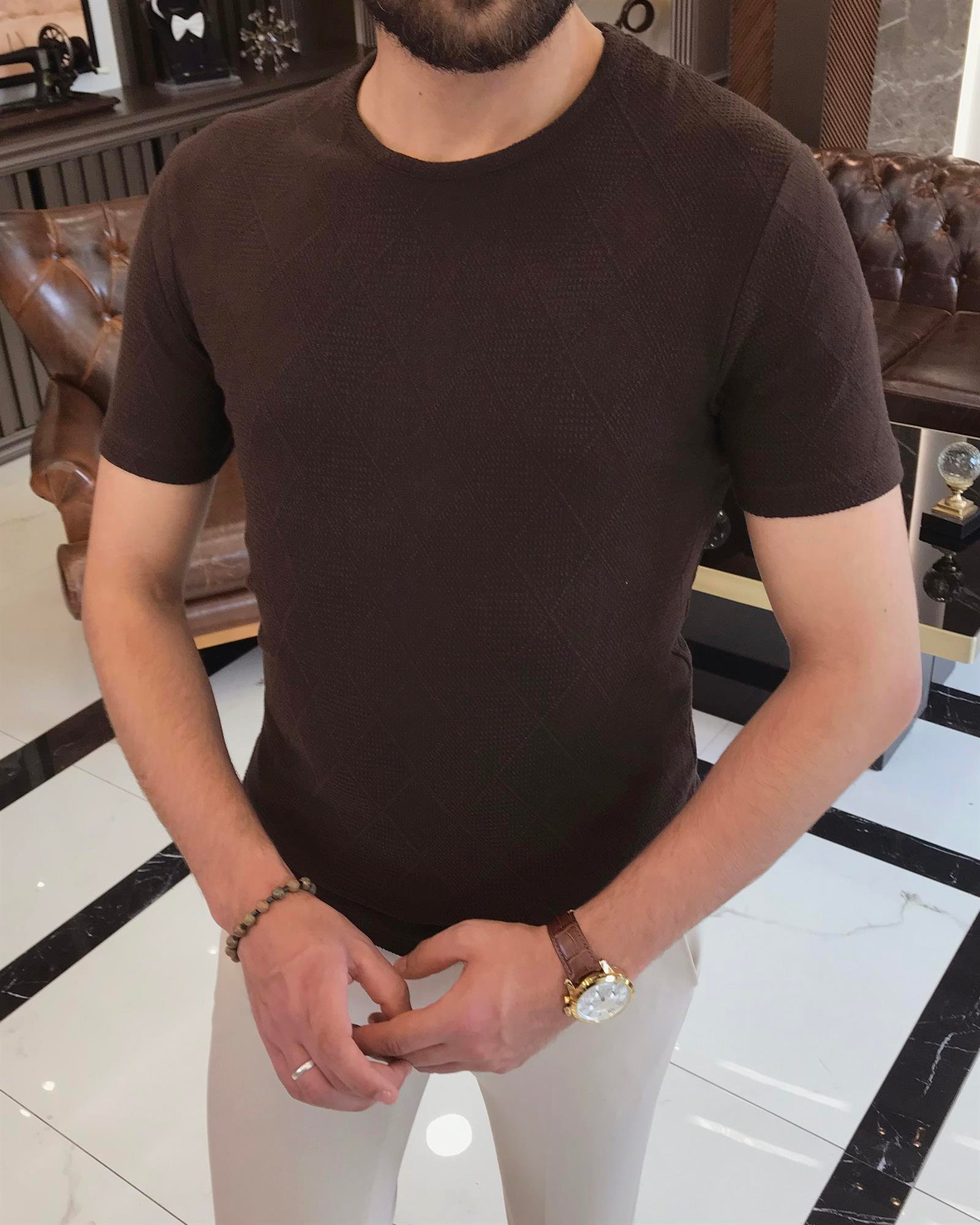 Italian style slim fit crew neck argyle cotton T-shirt brown T9396