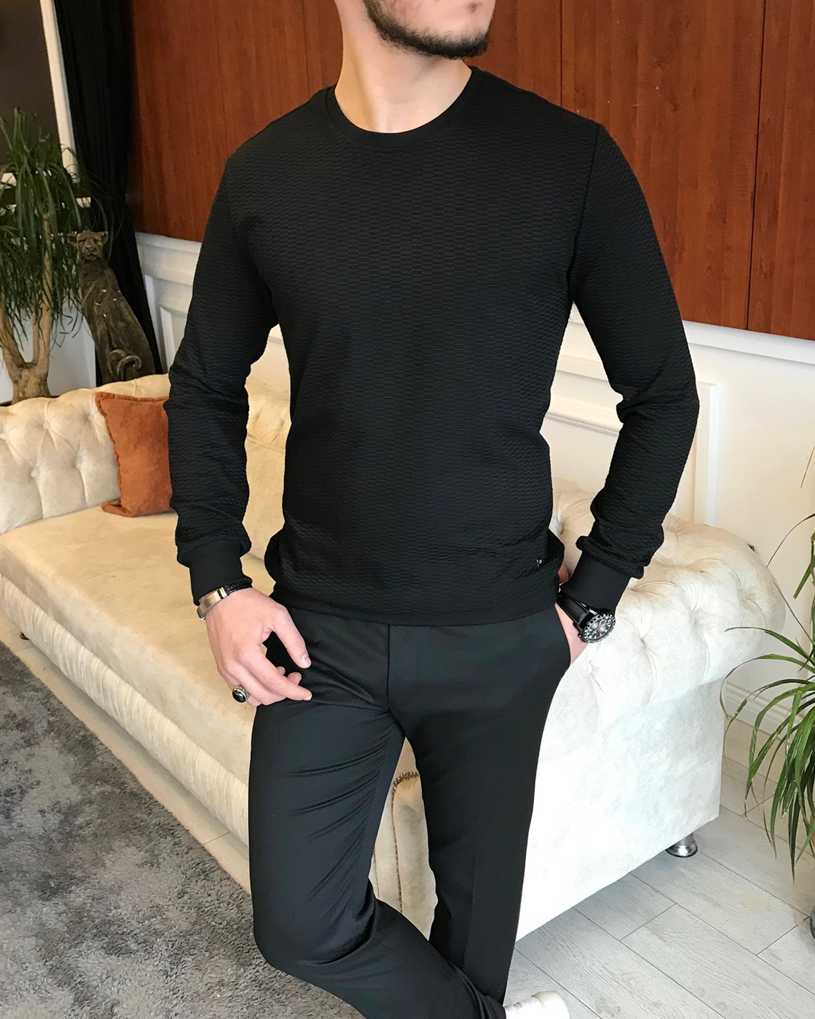 İtalyan stil slim fit bisiklet yaka desenli sweatshirt siyah T7117