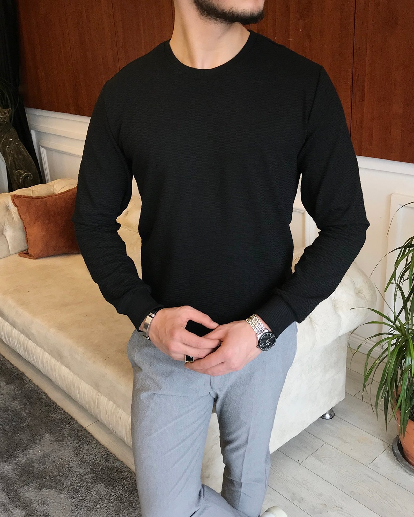 İtalyan stil slim fit bisiklet yaka desenli sweatshirt siyah T7117