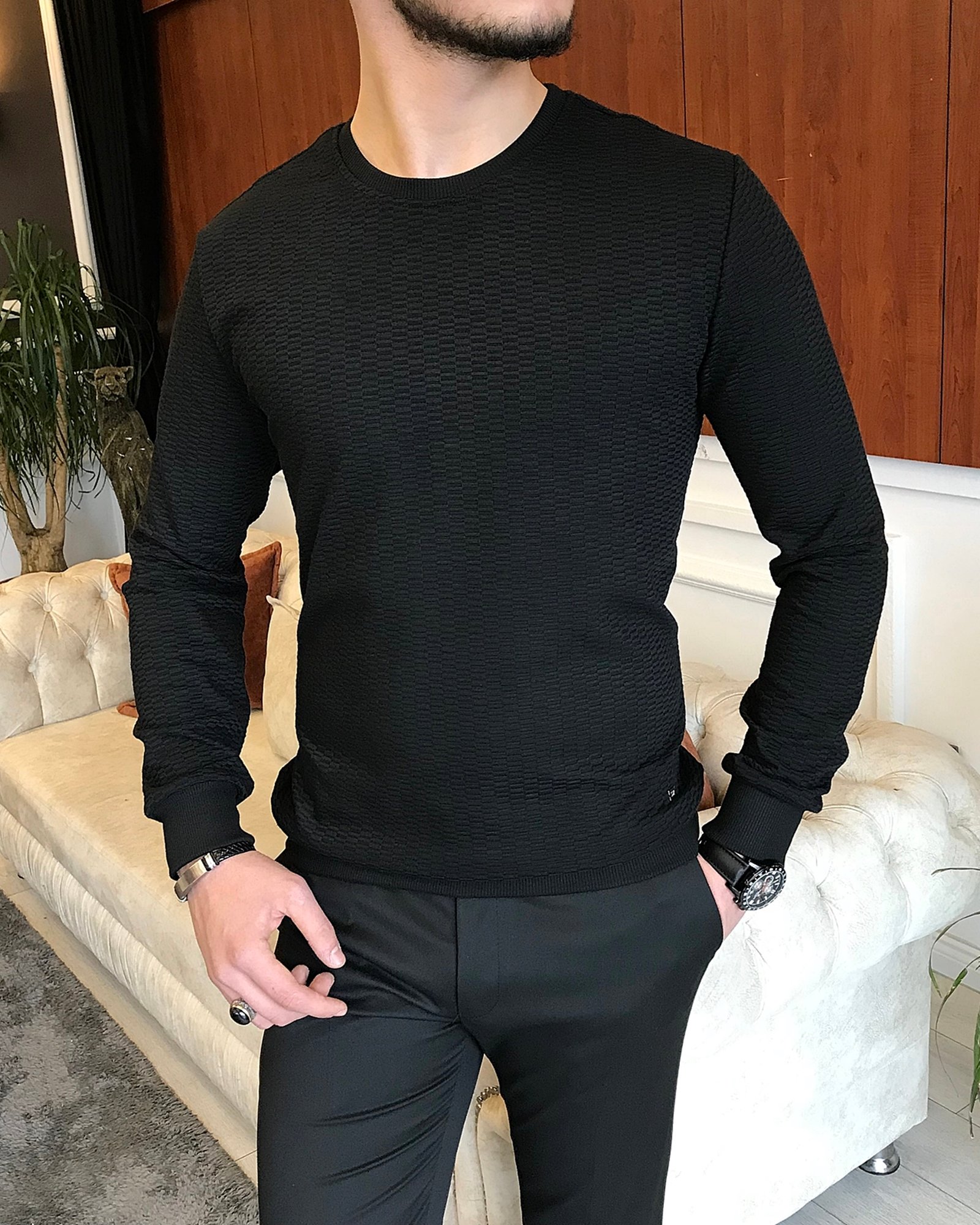 İtalyan stil slim fit bisiklet yaka desenli sweatshirt siyah T7117