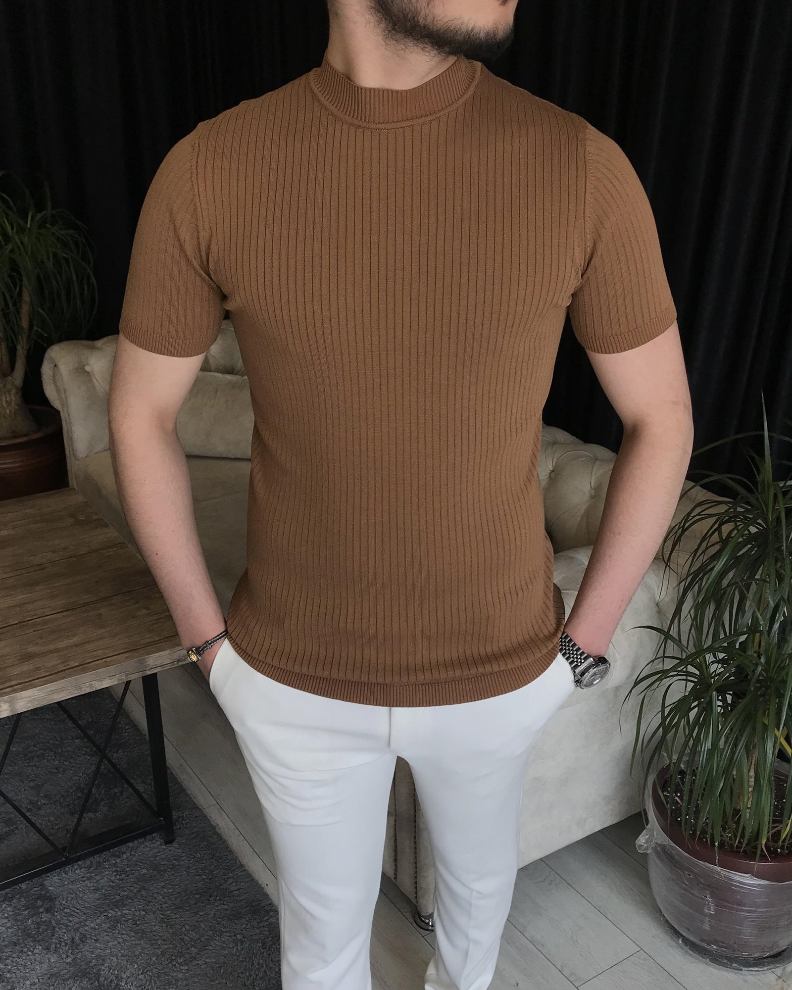 İtalyan stil slim fit bisiklet yaka kısa kollu pamuk triko tişört Kahverengi T7391