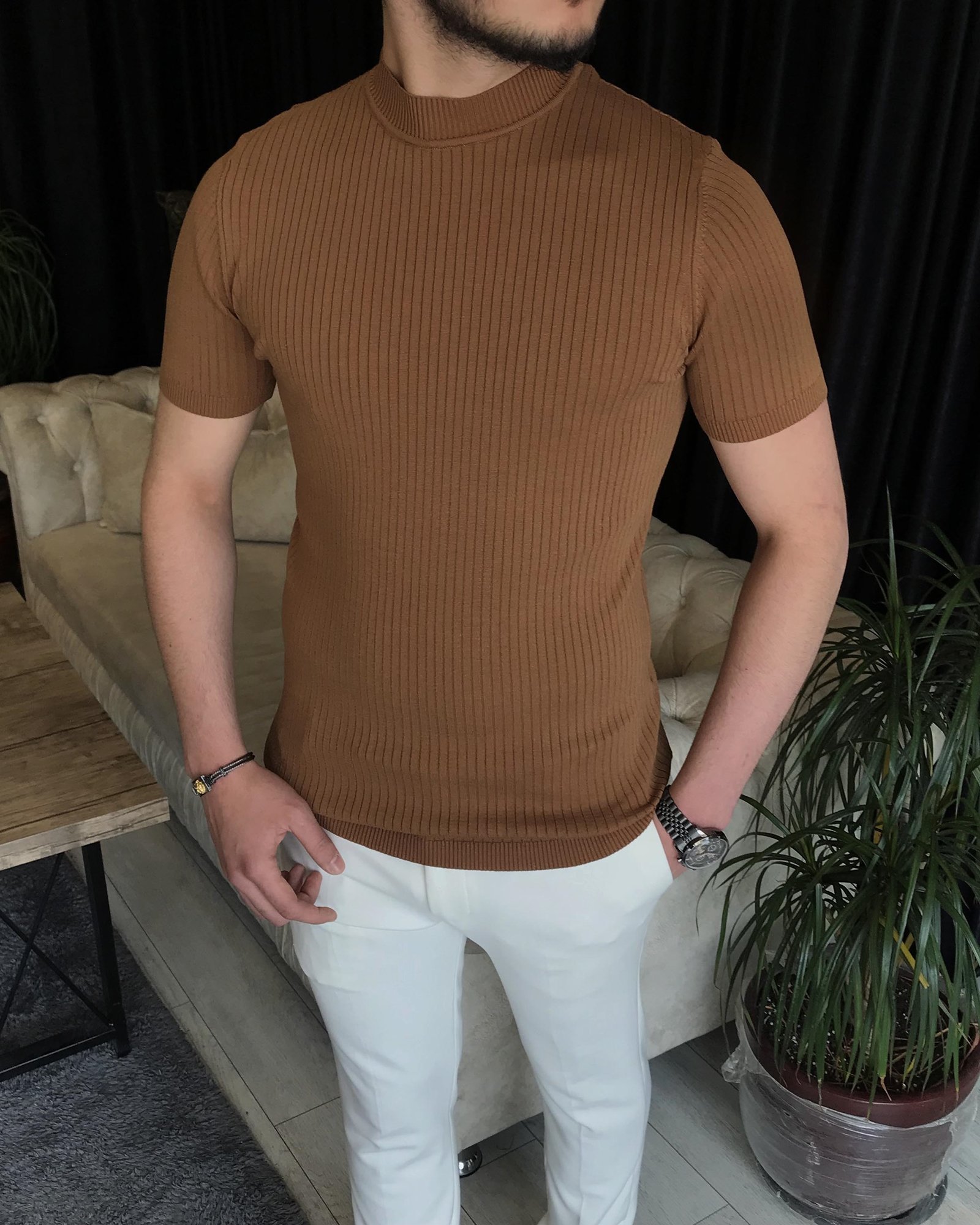 İtalyan stil slim fit bisiklet yaka kısa kollu pamuk triko tişört Kahverengi T7391