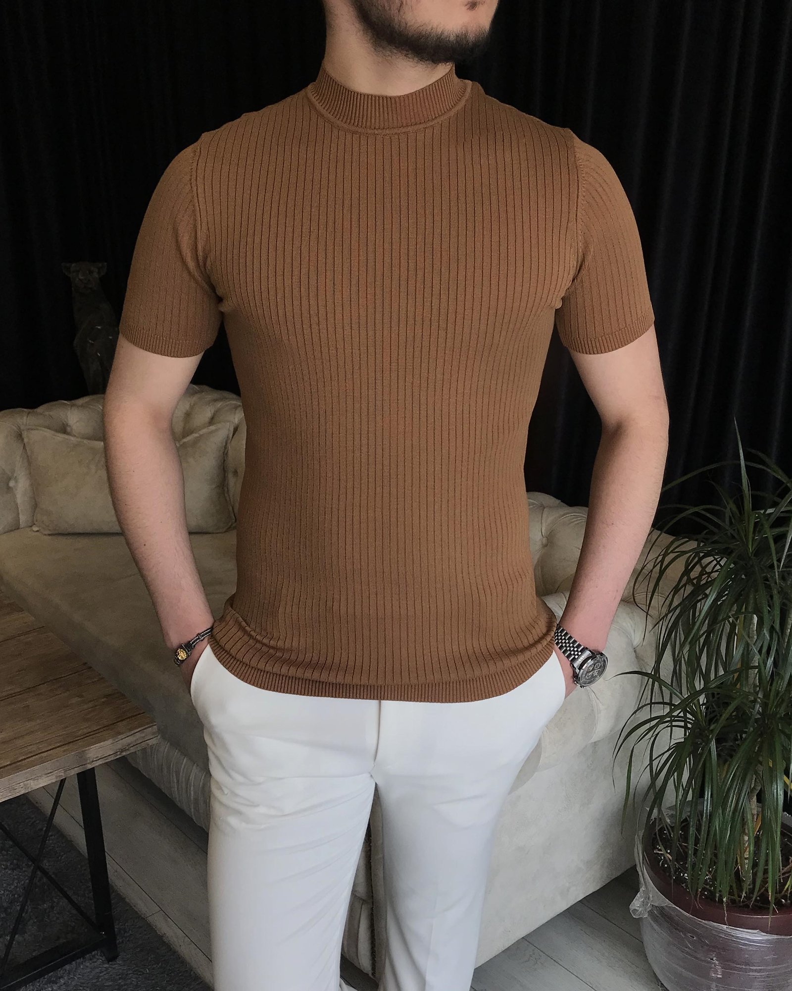 İtalyan stil slim fit bisiklet yaka kısa kollu pamuk triko tişört Kahverengi T7391