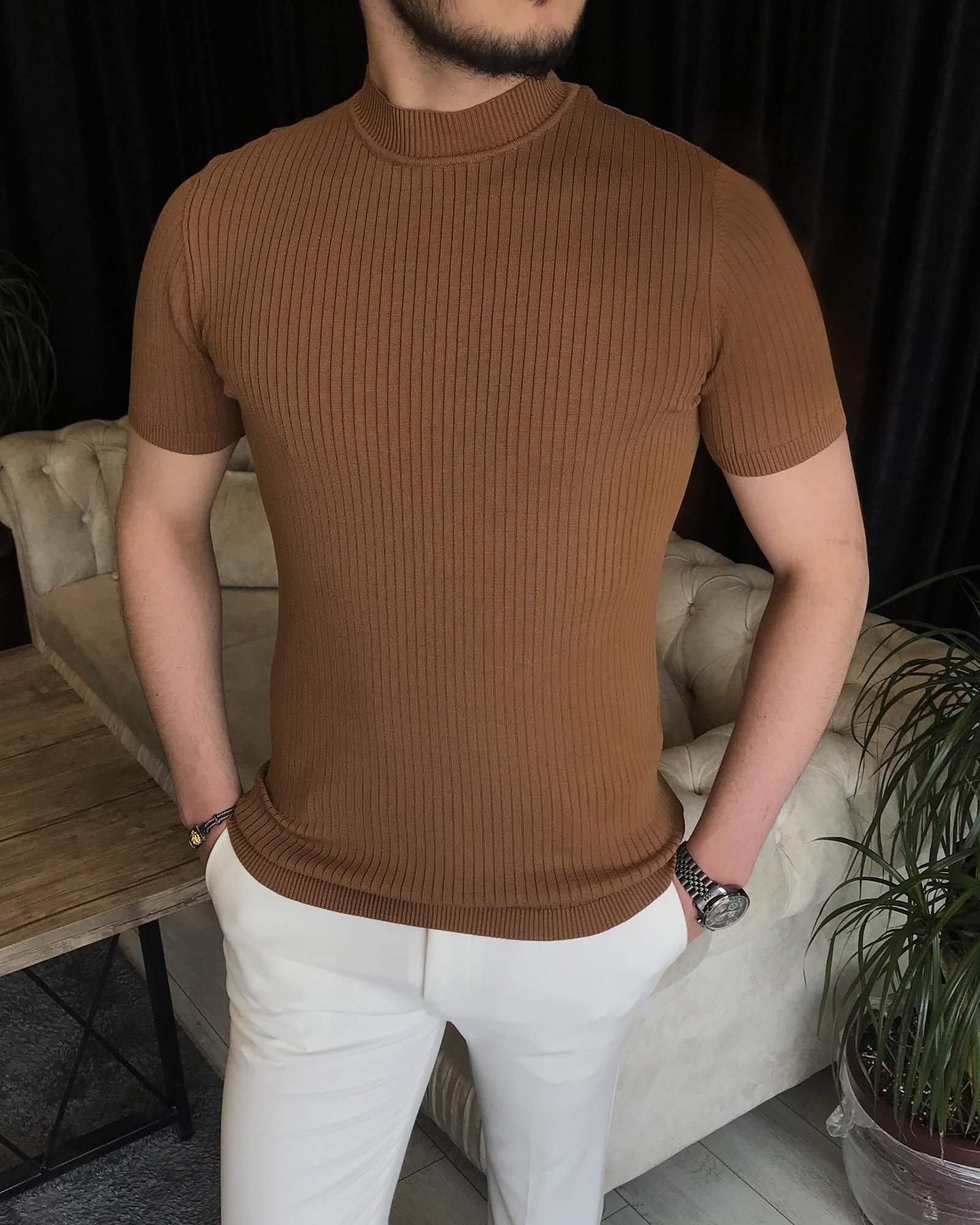 İtalyan stil slim fit bisiklet yaka kısa kollu pamuk triko tişört Kahverengi T7391