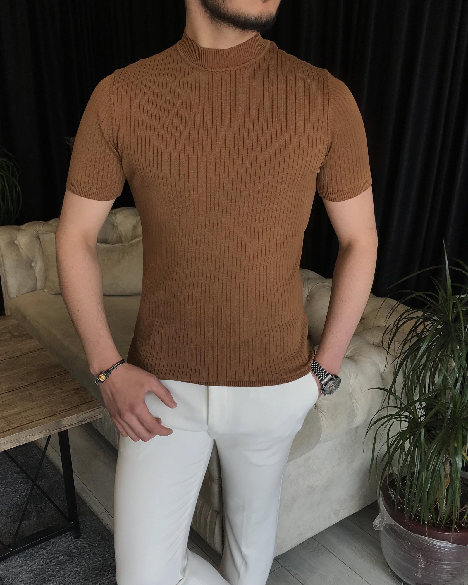 İtalyan stil slim fit bisiklet yaka kısa kollu pamuk triko tişört Kahverengi T7391