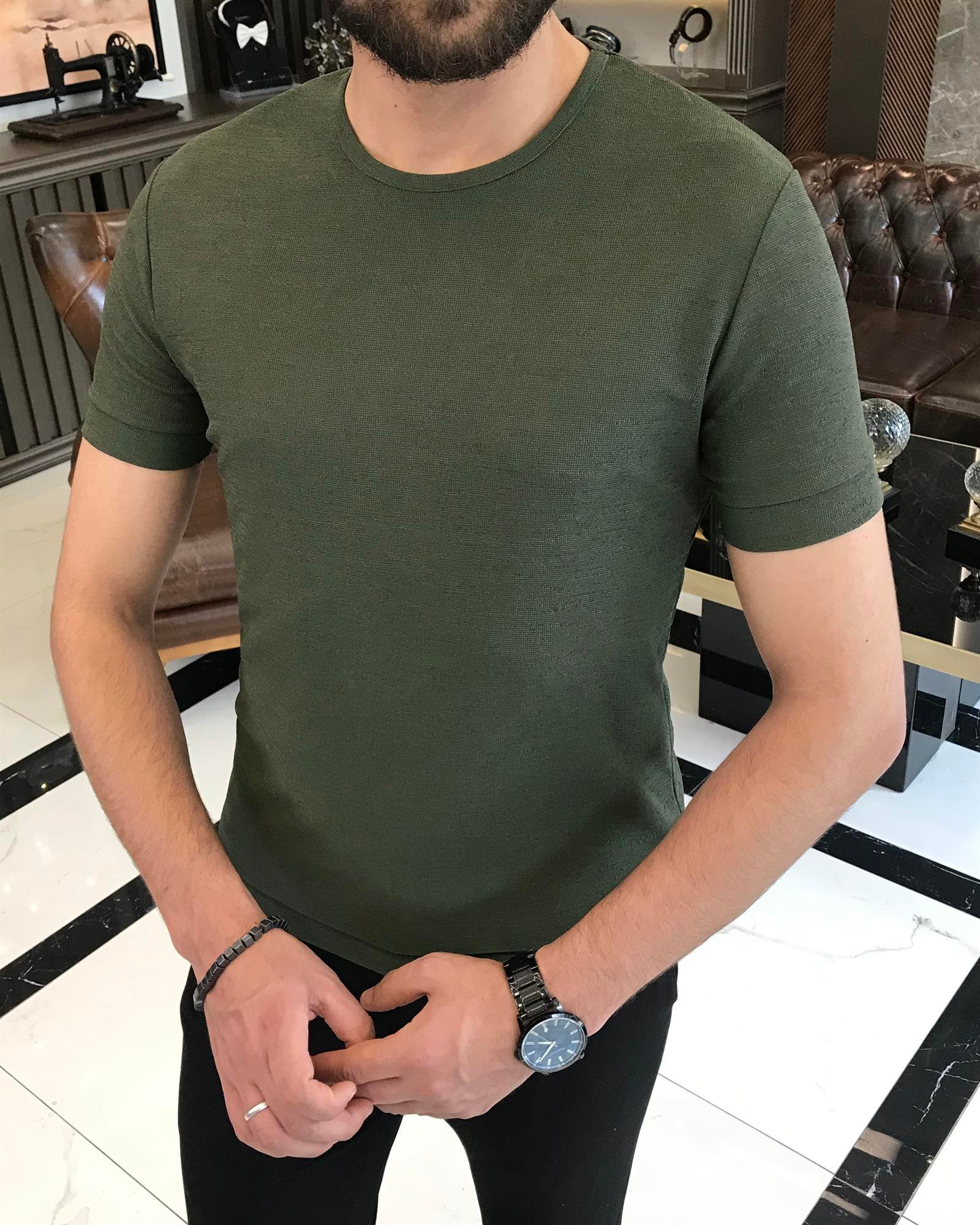 Italian style slim fit crew neck tee khaki T9387