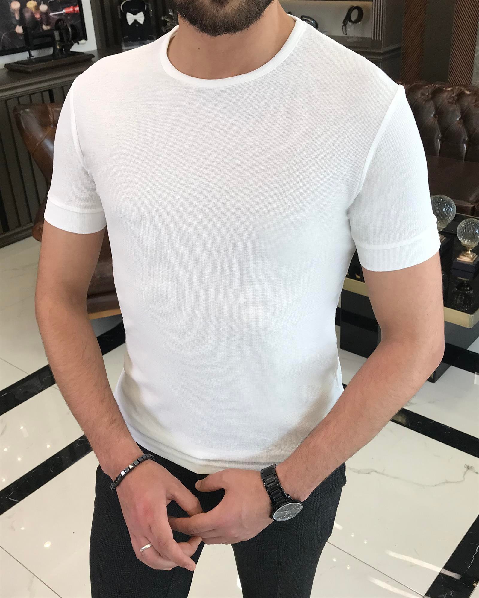 Italian style slim fit crew neck tee ecru T9386