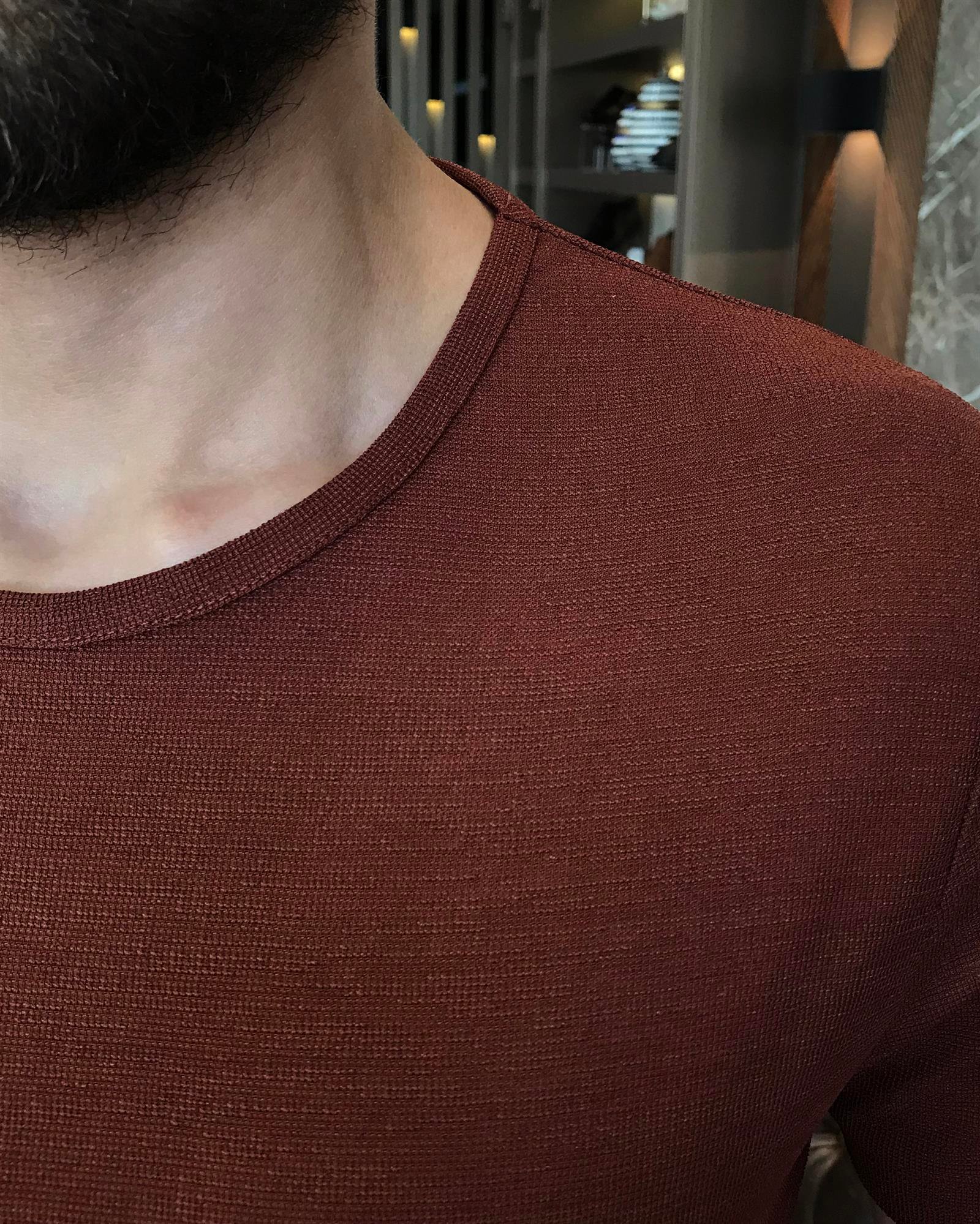İtalyan stil slim fit bisiklet yaka tişört kahverengi T9391
