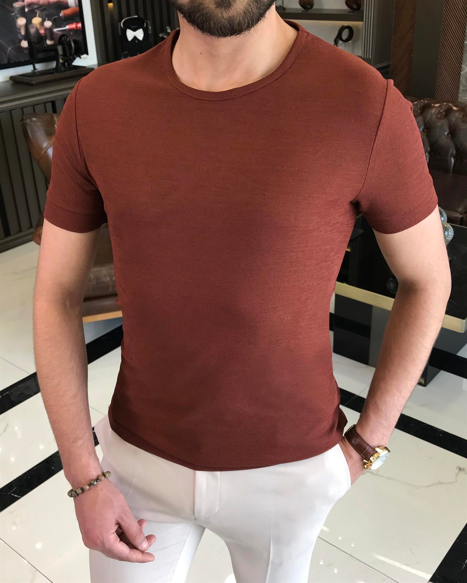 İtalyan stil slim fit bisiklet yaka tişört kahverengi T9391