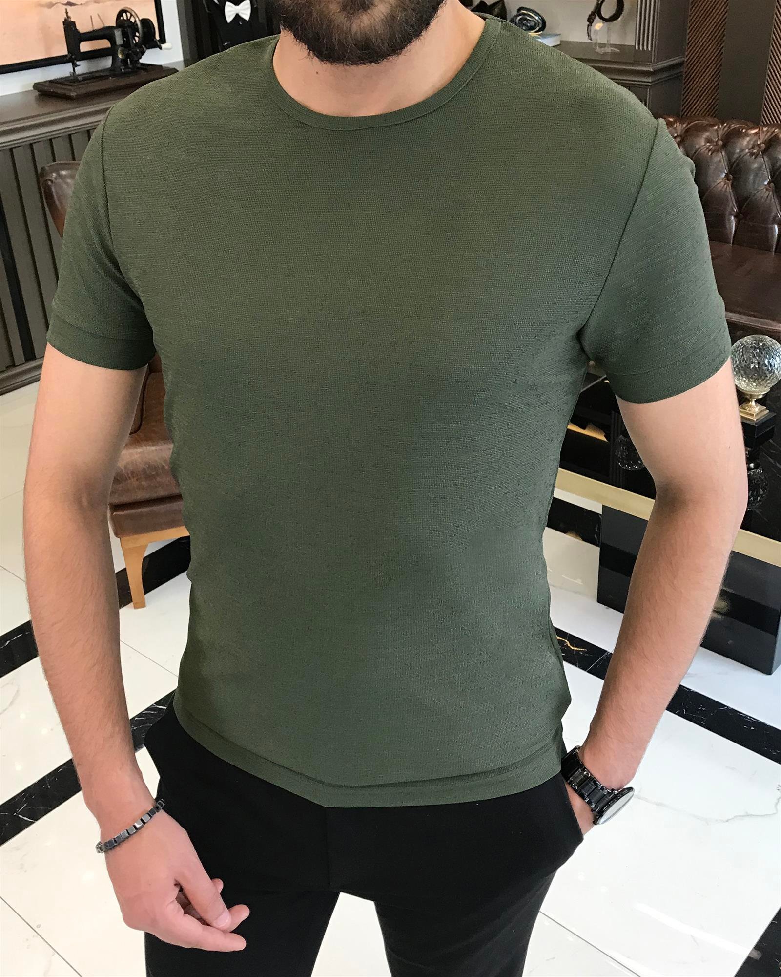 Italian style slim fit crew neck tee khaki T9387