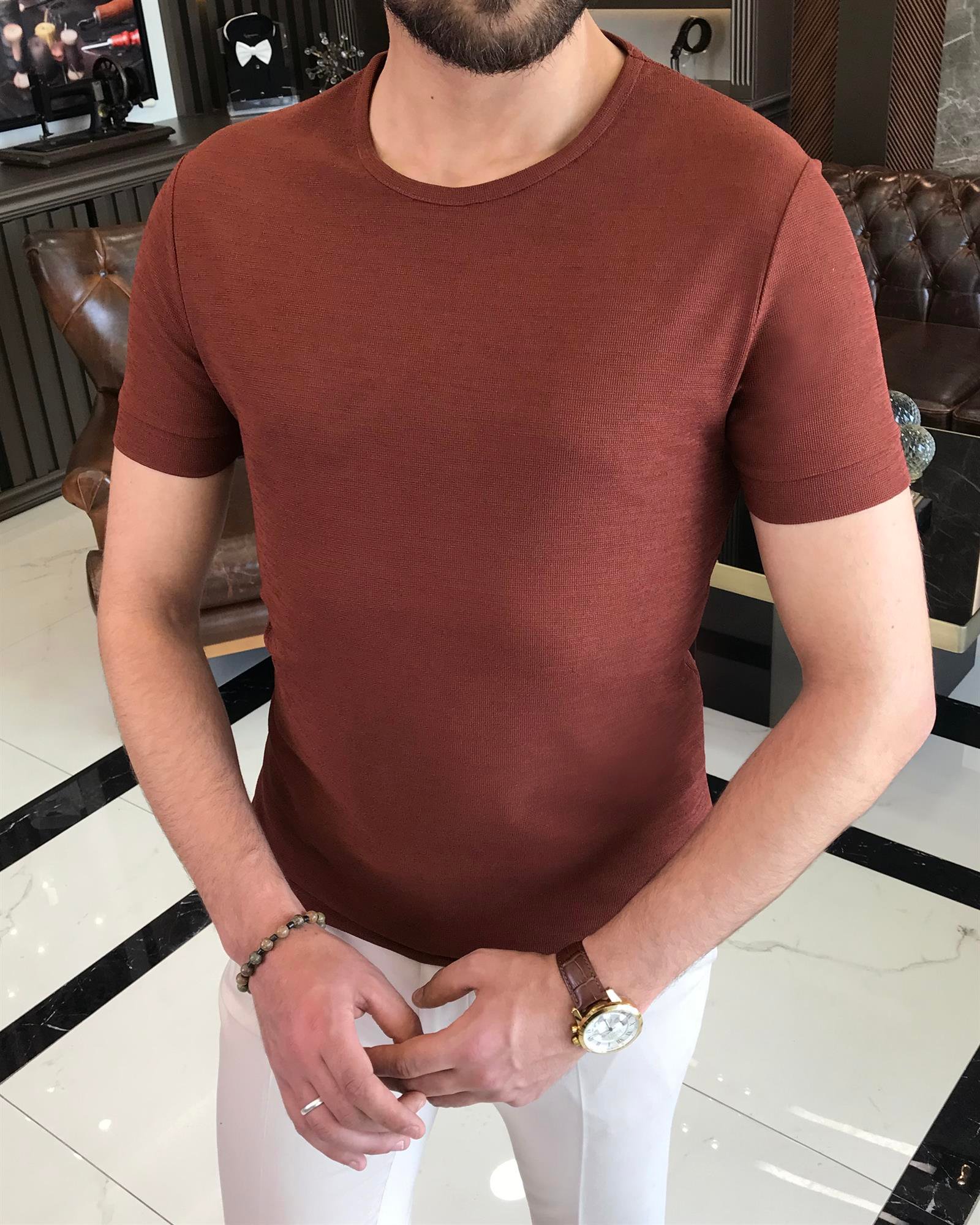 İtalyan stil slim fit bisiklet yaka tişört kahverengi T9391