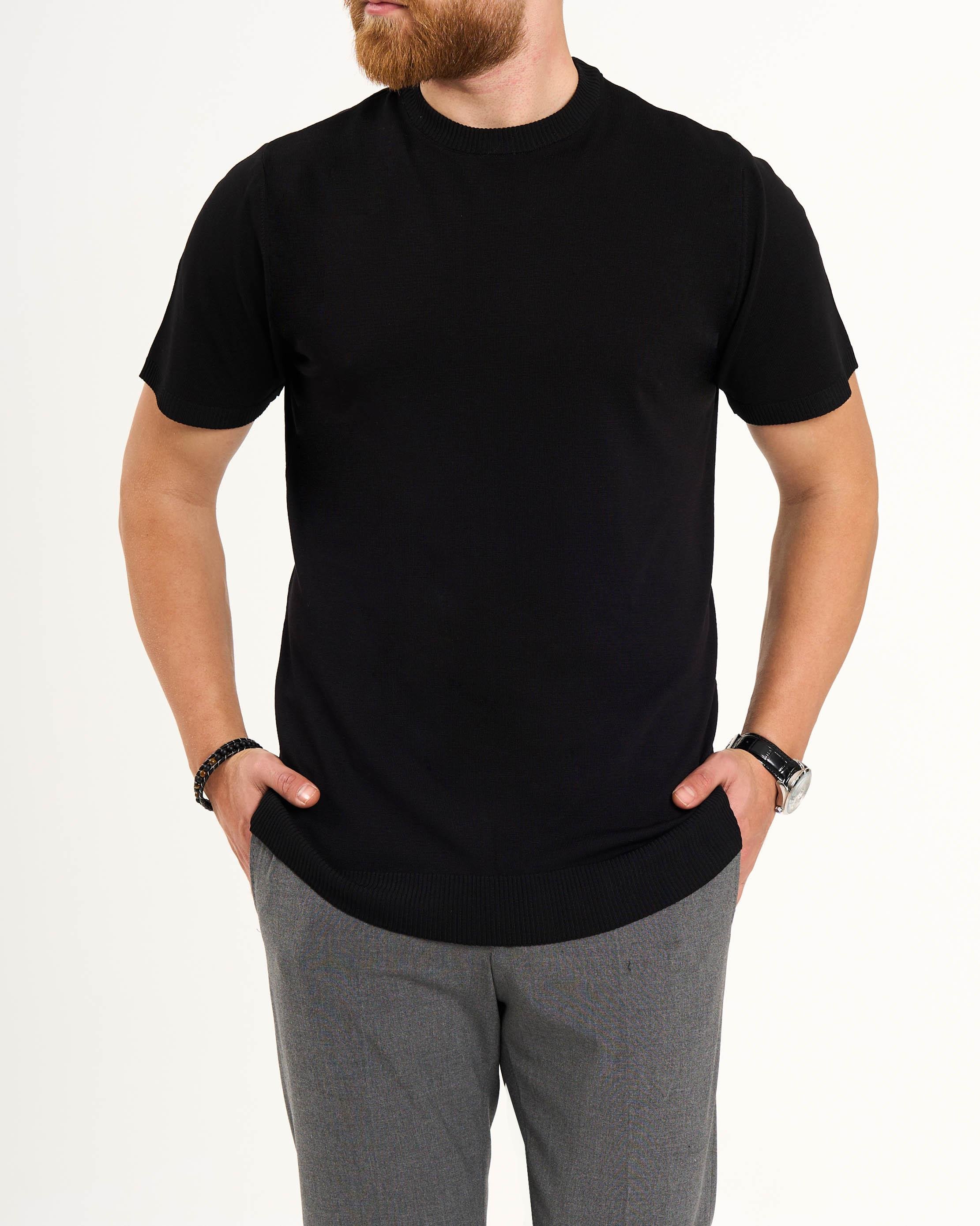 İtalyan stil slim fit bisiklet yaka triko tişört siyah T13141