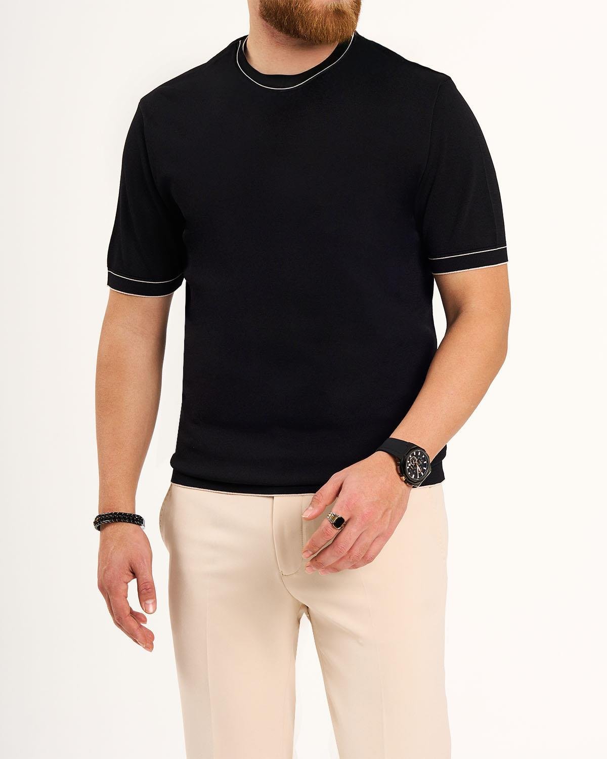 İtalyan stil slim fit bisiklet yaka triko tişört siyah T13761