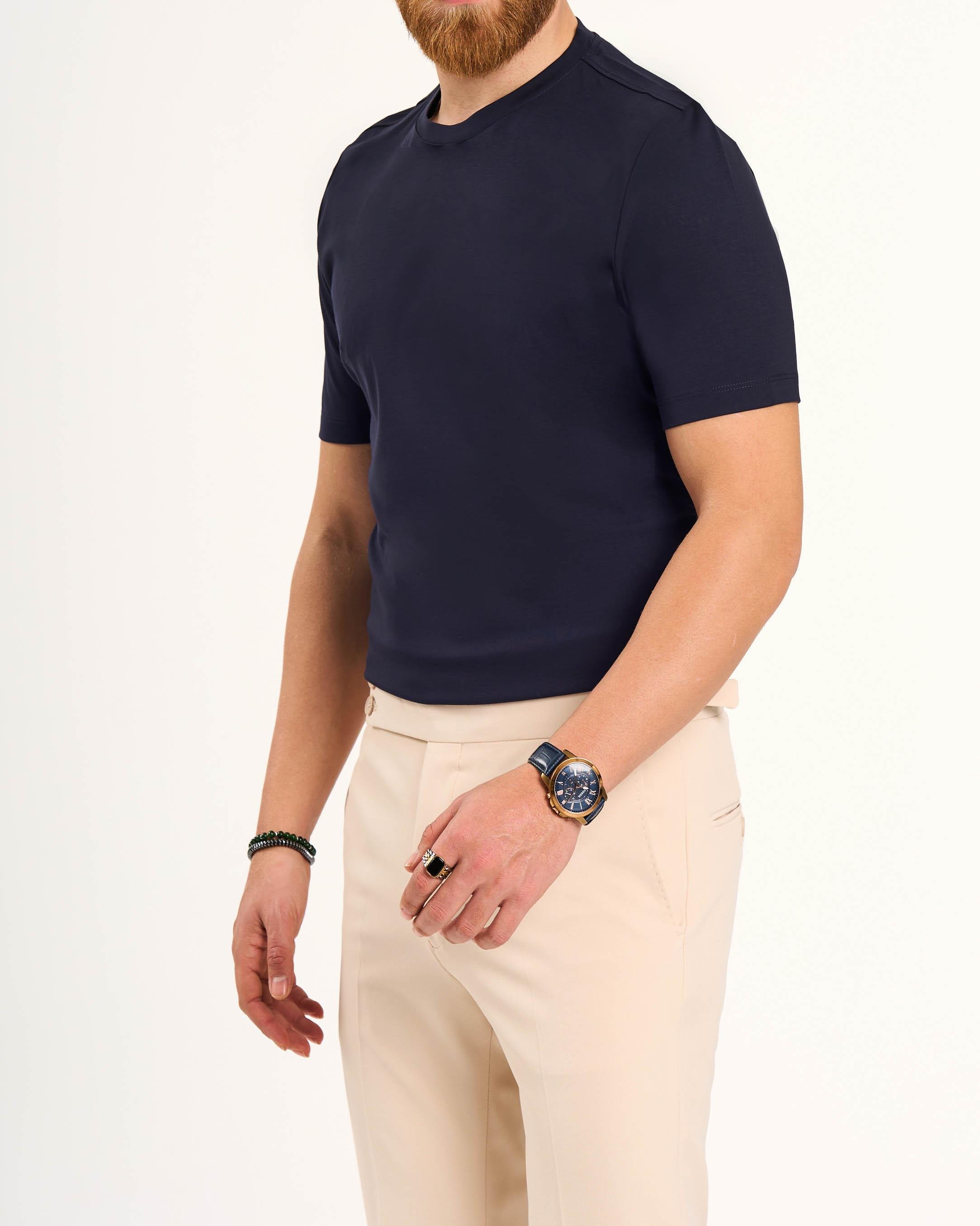 İtalyan stil slim fit bisiklet yaka triko tişört lacivert T13766