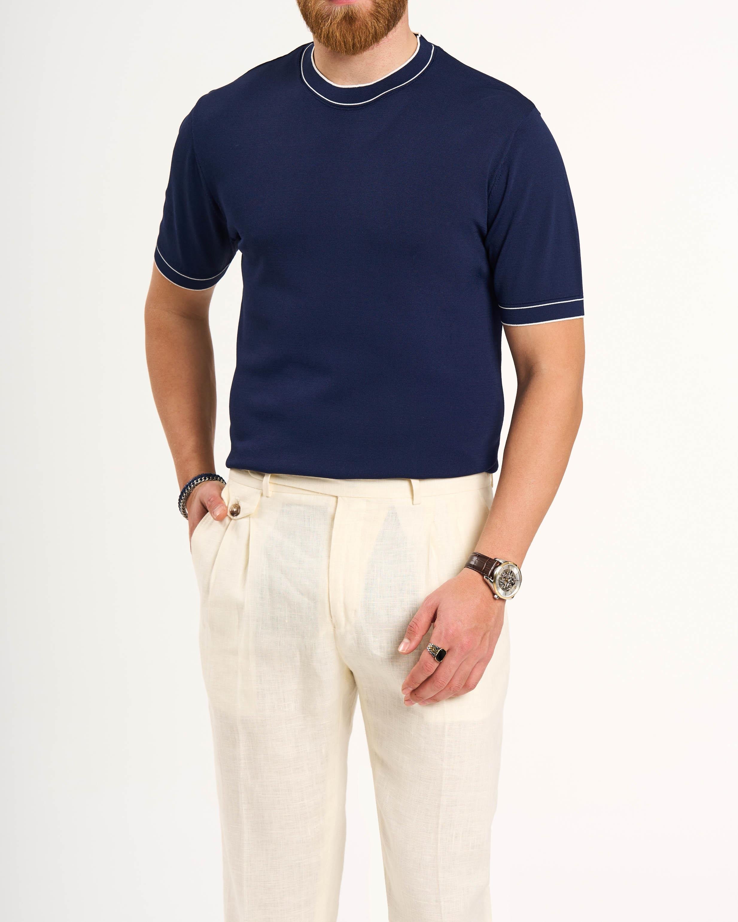 İtalyan stil slim fit bisiklet yaka triko tişört lacivert T13758