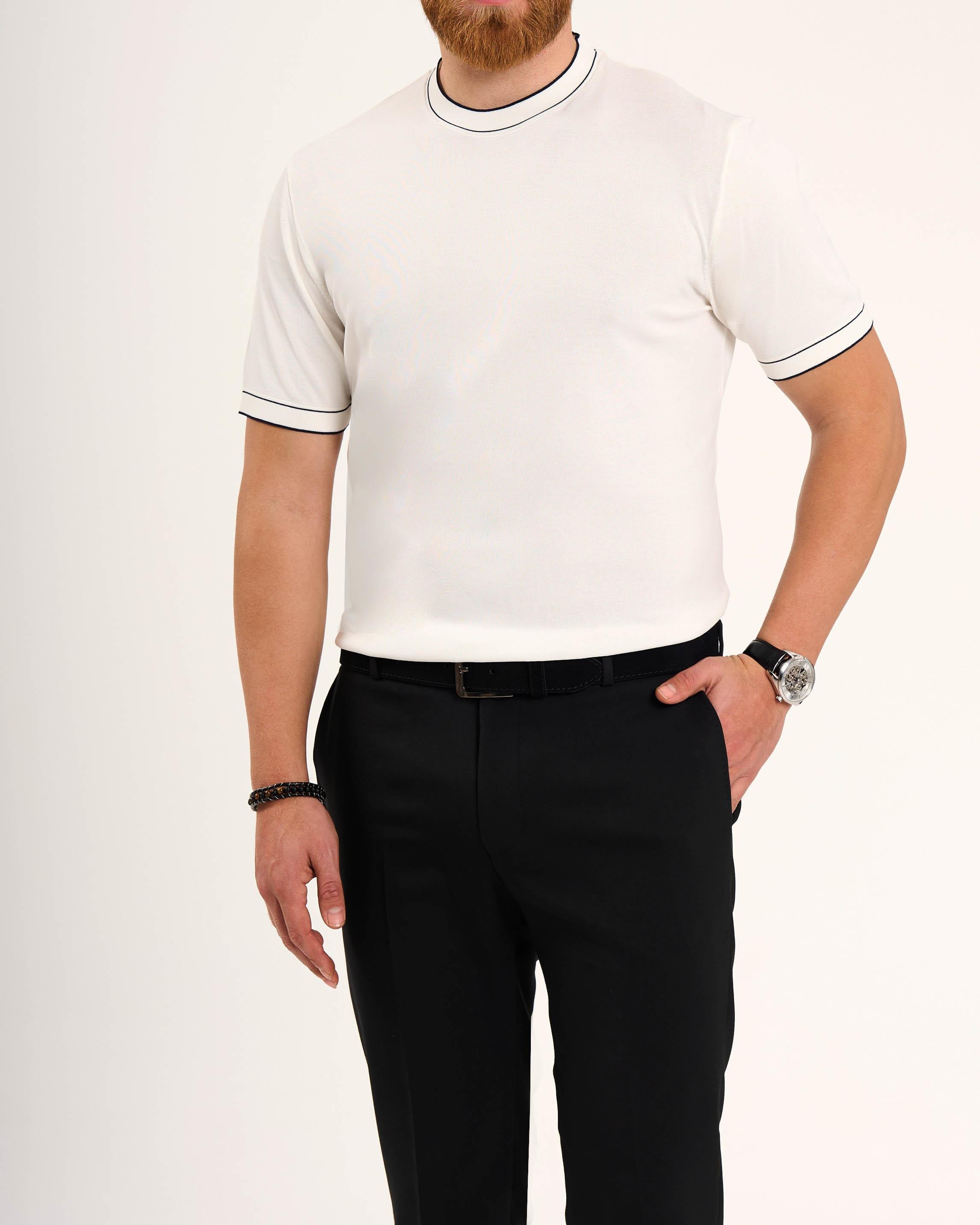 İtalyan stil slim fit bisiklet yaka triko tişört beyaz T13757
