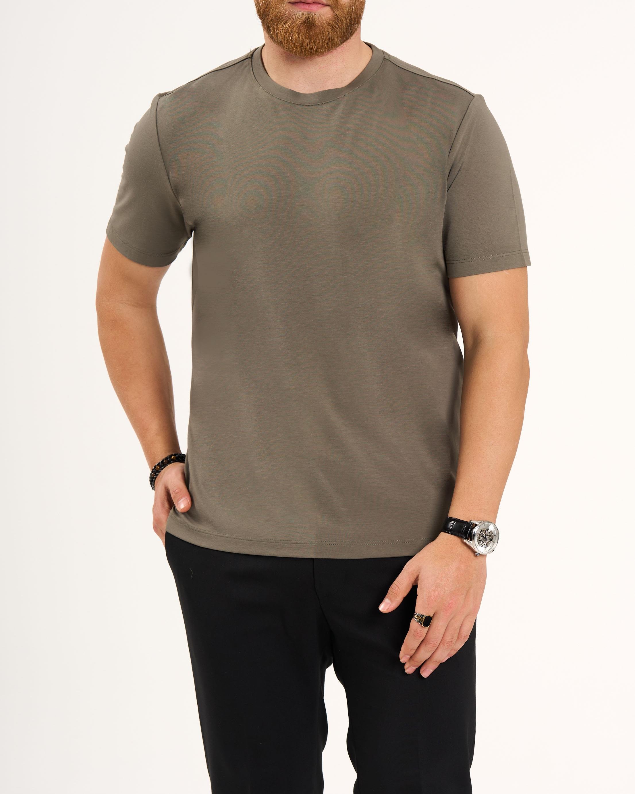 İtalyan stil slim fit bisiklet yaka triko tişört haki T13767