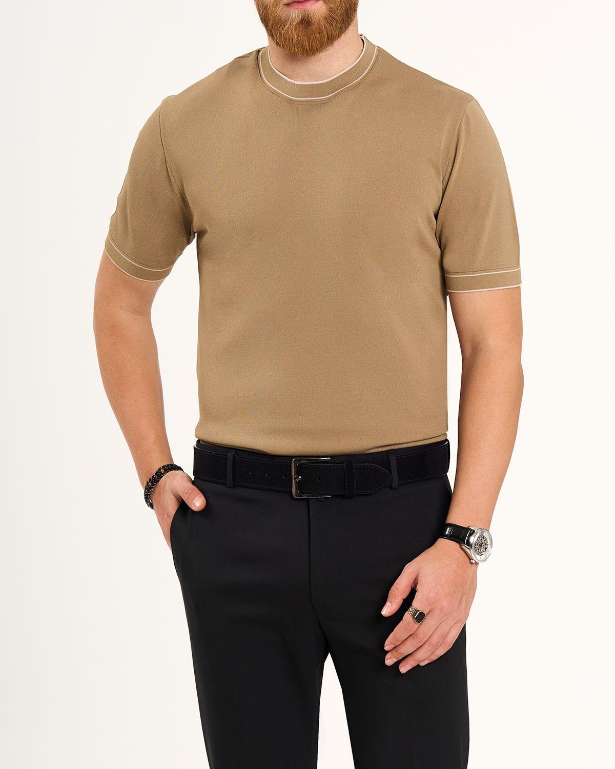İtalyan stil slim fit bisiklet yaka triko tişört taba T13762