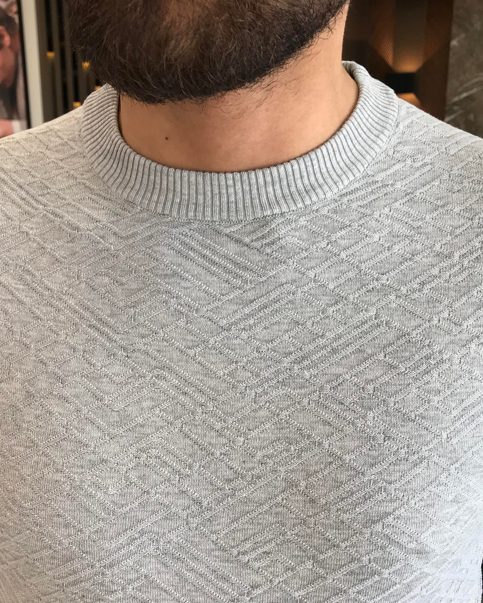 İtalyan stil slim fit bisiklet yaka triko tişört gri T9492