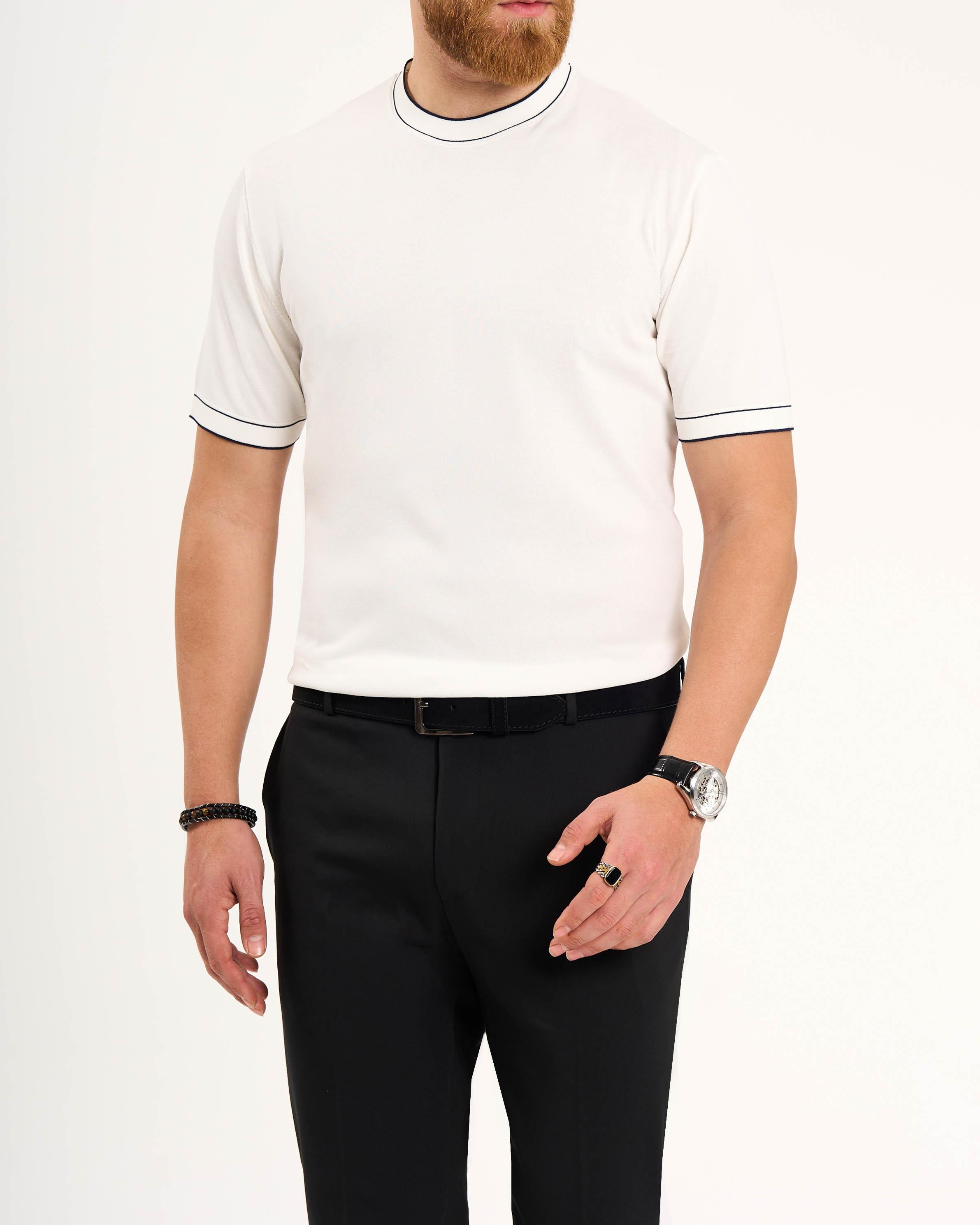 İtalyan stil slim fit bisiklet yaka triko tişört beyaz T13757